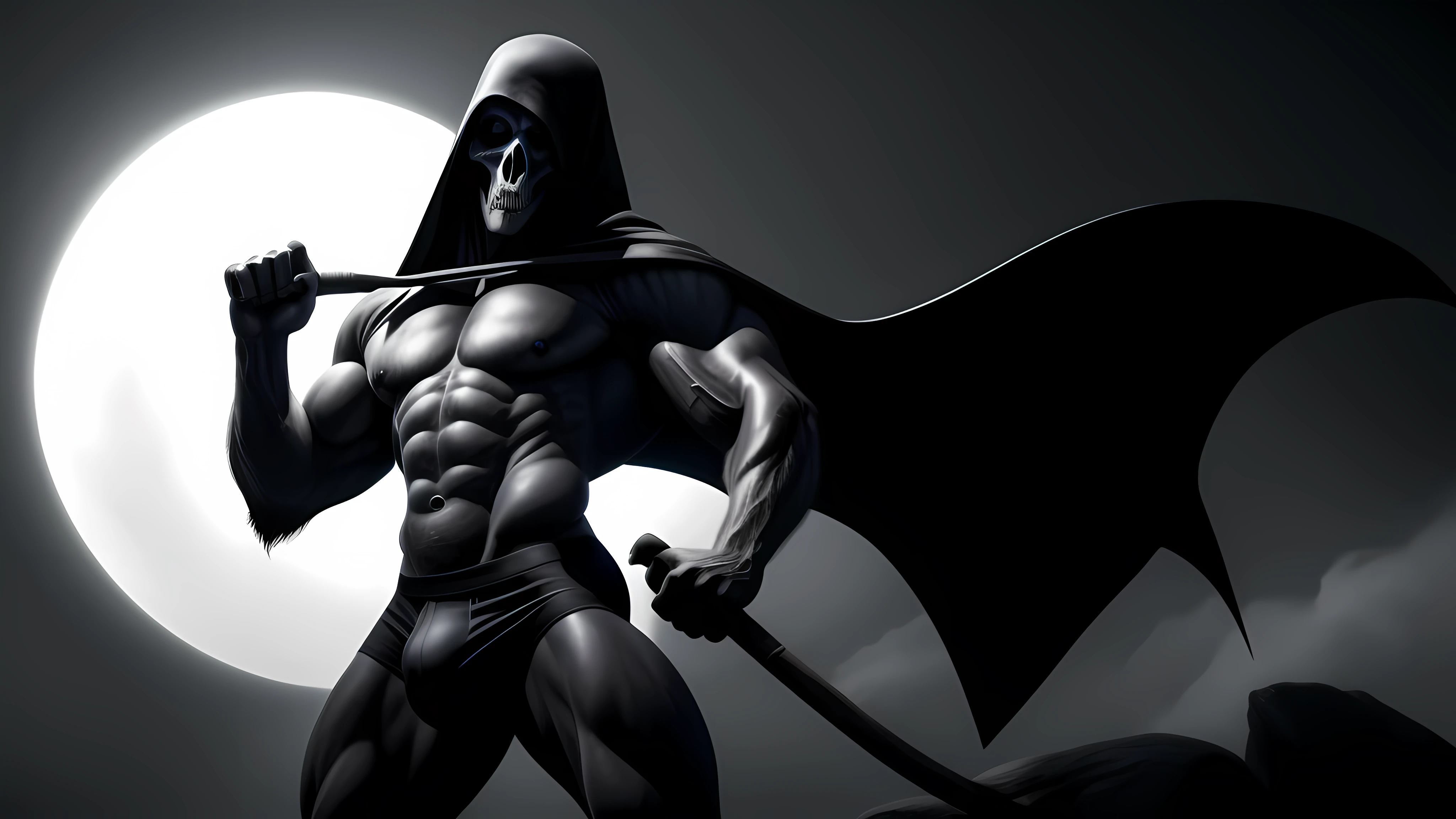 Exercised muscular grim reaper in ultra detailed briefs:
((By ArtOfDeathStudio, by DeathReaper87, by GrimFitness)), 1male, Death, (Grim Reaper), slim yet muscular build, black underwear, intricately designed briefs, detailed muscle definition, serious expression, scythe in hand, absorbing the energy of the sun for his next endeavor, dramatic pose, ultra realistic rendering, high contrast lighting, Reality Engine, ultra high definition, masterpiece, attention to anatomical detail, captivating, dark atmosphere, piercing gaze, refreshing take on the classic grim reaper figure.