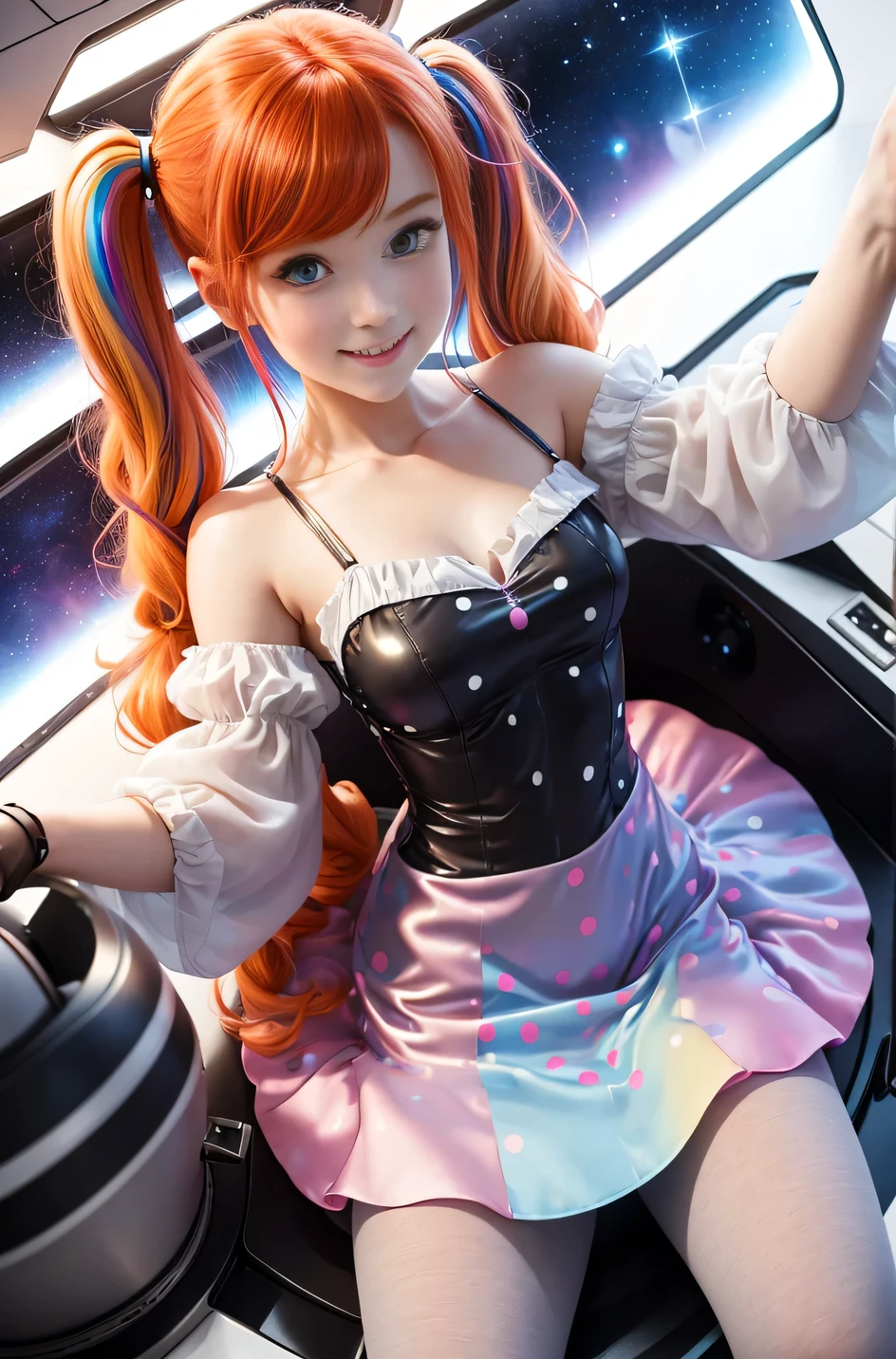 (overhead view) Cute redhead with rainbow colored hair tips, ribbons in her hair, 18-year-old woman, happy, smiling, in twin tails, perfect eyes, clear sparkling blue eyes, pale skin, silky smooth white skin, alabaster skin, flying a fancy metal luxurious space ship, futuristic cockpit, she's a pilot, outer space seen in windows, dark warm lighting, wearing a futuristic dress, low cut top, pleated (chemise) mini dress (pastel rainbow colors, and polka dots), puffy sleeves silk, wearing colorful leggings/tights.