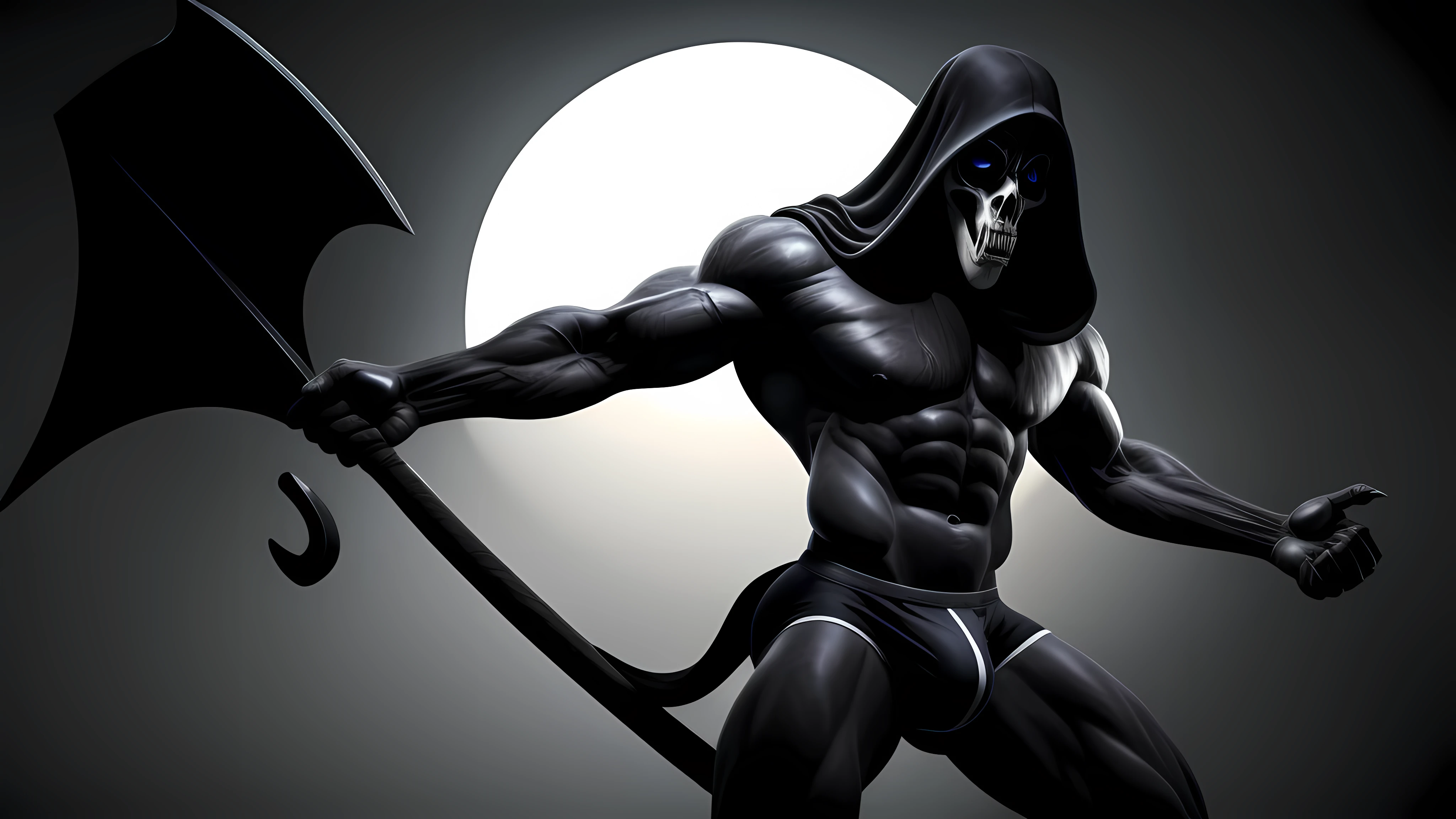 Exercised muscular grim reaper in ultra detailed briefs:
((By ArtOfDeathStudio, by DeathReaper87, by GrimFitness)), 1male, Death, (Grim Reaper), slim yet muscular build, black underwear, intricately designed briefs, detailed muscle definition, serious expression, scythe in hand, absorbing the energy of the sun for his next endeavor, dramatic pose, ultra realistic rendering, high contrast lighting, Reality Engine, ultra high definition, masterpiece, attention to anatomical detail, captivating, dark atmosphere, piercing gaze, refreshing take on the classic grim reaper figure.