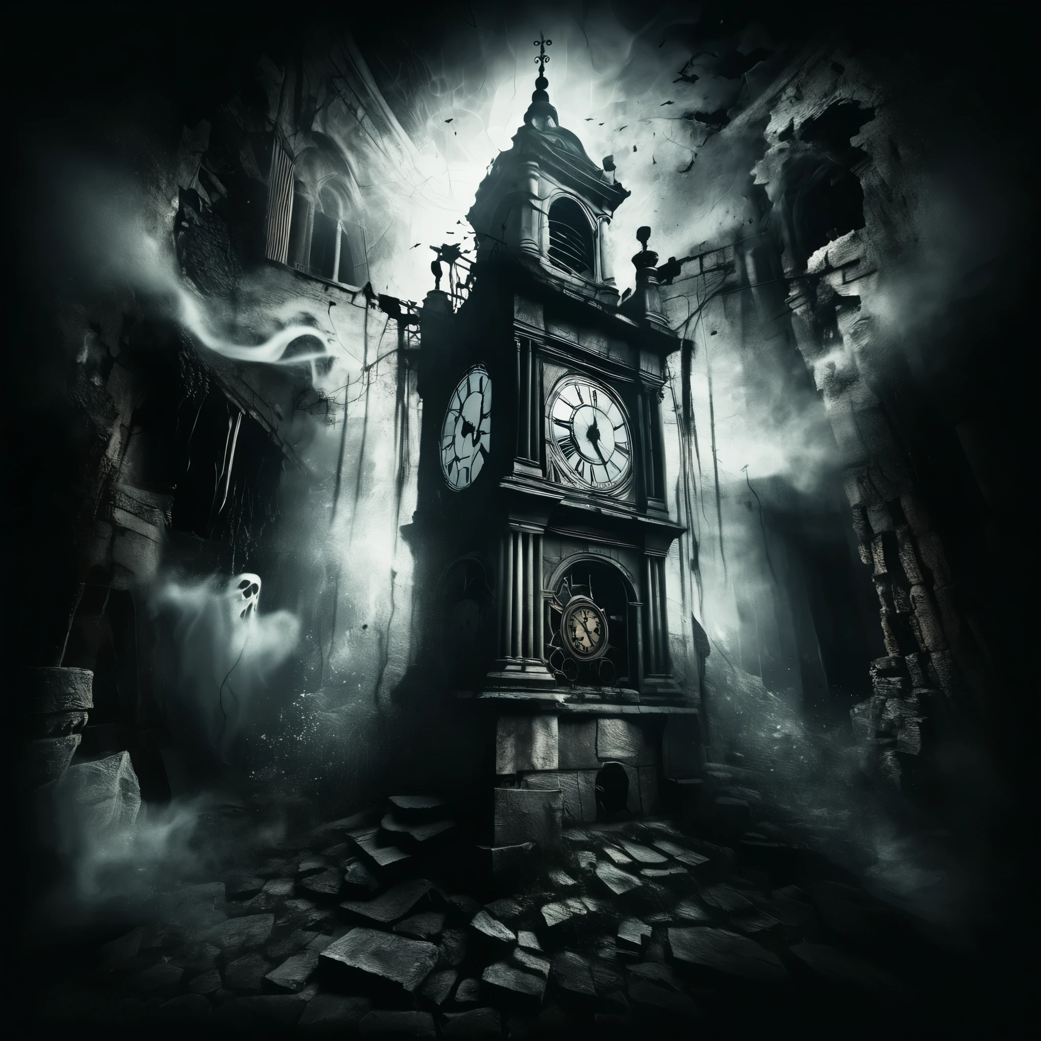 A dark, Gothic-inspired digital artwork depicting a crumbling, ancient clock tower, with ghostly figures and eerie shadows lurking in its ruins. The image conveys a sense of time's destructive power and the inevitability of decay.