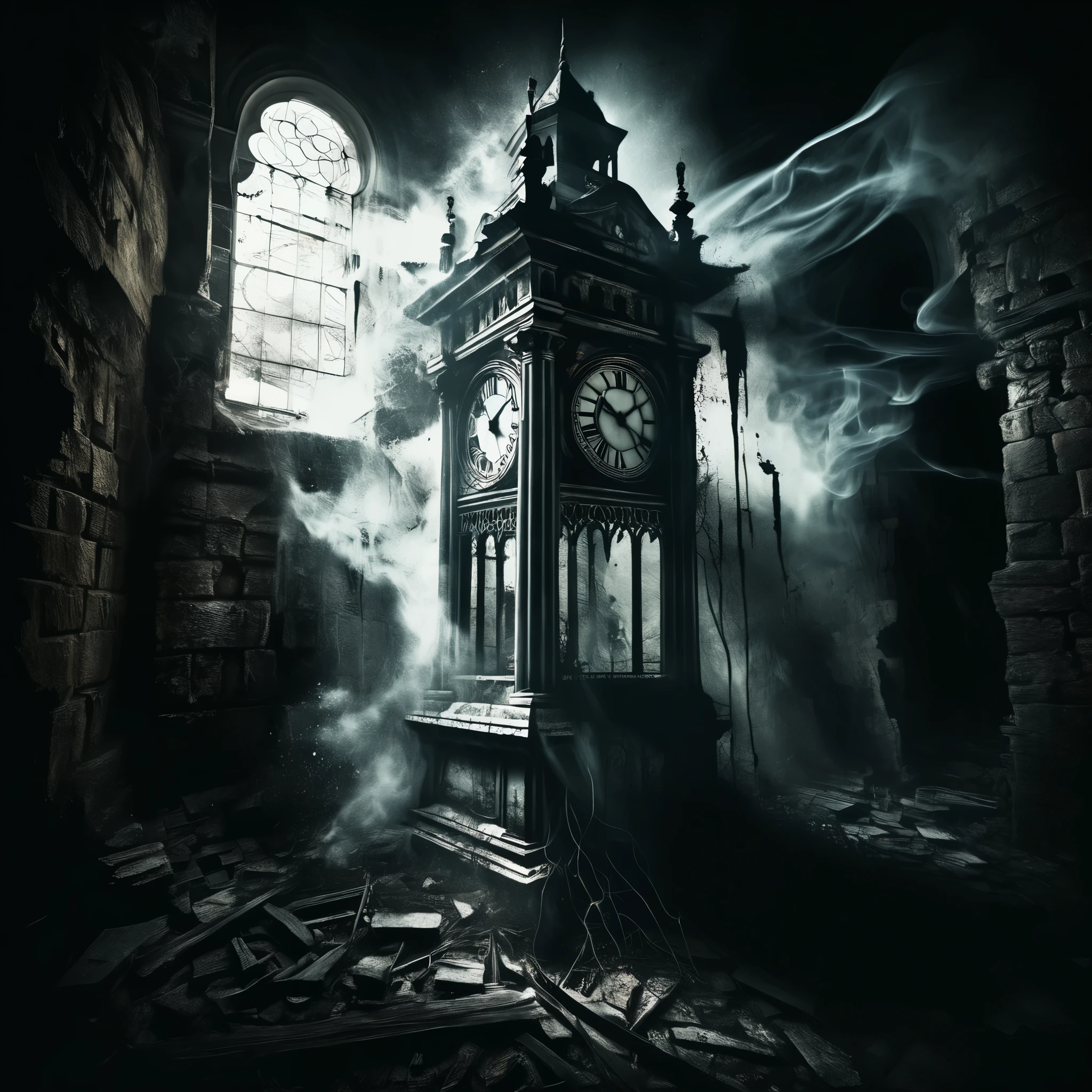 A dark, Gothic-inspired digital artwork depicting a crumbling, ancient clock tower, with ghostly figures and eerie shadows lurking in its ruins. The image conveys a sense of time's destructive power and the inevitability of decay.