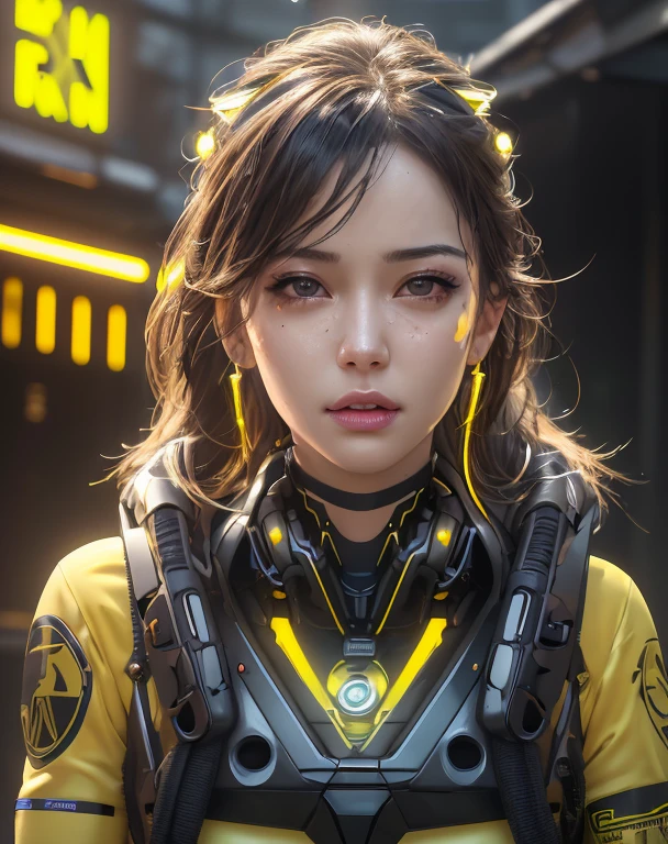 realistic portrait 8k,, Special Forces yellowSquad" cyberpunk bikini robot(detailed face)((Focus on a bright, clear, smooth face.))neon reflection, realistic light hitting from the front,