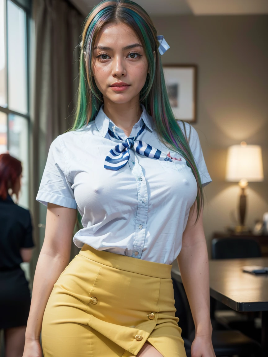 (1 lady), (Best quality at best:1.4), (ultra - detailed), (extremely detailed CG unified 16k), A Beautiful Woman with Perfect Figure: 1.4, Sharp Focus: 1.2, very detailed, High-definition RAW color photo, professional photoshooting, amazing face and eyes, cosmetics, (amazingly beautiful girl), ((Sonozaki Shion)), ((yellow ribbon, white shirt, blue necktie, blue skirt, black kneehighs)), standing, sexyposture,(Stylish urban landscape, day light), (look from down), realistic cinematic face, head to feet long wide zoomed out view, full body long view, photorealistic, ((realistic natural green hair style, green eyes, long hair)), gorgeous, extremely beautiful face, perfect model beauty, pout mouth, Highly Detailed Face and Skin Texture, Detailed Eyes, Double Eyelids, Big Breasts, Smile, cleavages, western, (masterpiece), best quality, high resolution, extremely detailed, detailed background, depth of field, cinematic lighting, amazing legs, clear and well-cared skin, (((woman occupies most of the picture)))