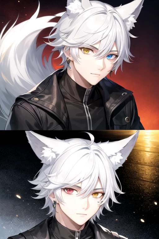 ((highest quality)), ((masterpiece)), (detailed), Perfect Face, One boy, Handsome man, 20〜30 years old, Vtuber model,2d character ((White wolf ears)), Short Hair, Shiny skin, Line art, Silver Hair,Idol Photo,((Heterochromia,Left eye glows yellow,Right eye glows red,Right eye is red,Jewelry Eye,))Landscape,City Background,Fits within the screen,Wolf ears won't cut off from the screen