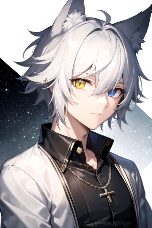 ((highest quality)), ((masterpiece)), (detailed), Perfect Face, One boy, Handsome man, 20〜30 years old, Vtuber model,2d character ((White wolf ears)), Short Hair, Shiny skin, Line art, Silver Hair,Idol Photo,((Heterochromia,Left eye glows yellow,Right eye glows red,Right eye is red,Jewelry Eye,))Landscape,City Background,Fits within the screen,Wolf ears won't cut off from the screen