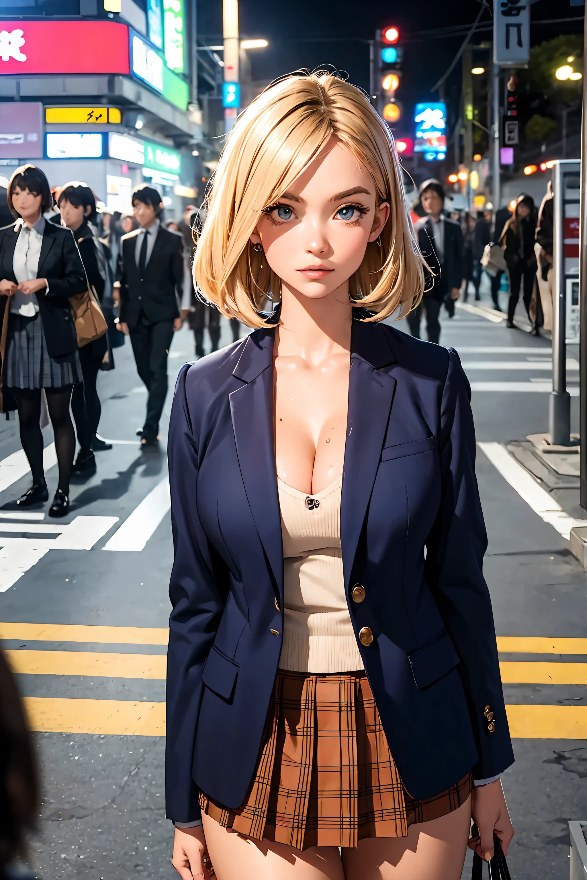 ((perfect anatomy:1.2,realistic:1.3,RAW Photography:1.3,masterpiece、highest quality、Ultra - High resolution、High resolution、Highly detailed CG、8K)),cowboy shot,1 female,solo,18-year-old、High school girl beautiful girl, Japanese,((beautiful detailed face and eyes:1.2,big gorgeous eyes:1.3,)),blonde hair,short hair,(center parted hair:1.4,forehead),large breasts,slender body,small head:1.3,skinny,(brown skin:1.3),(oily skin,gleaming skin,shiny skin,sweat),(school uniform、Dark blue blazer jacket、plaid pleated mini skirt),Shibuya Station、on street,neon、at night、Tokyo、large breasts, cleavage, blonde hair