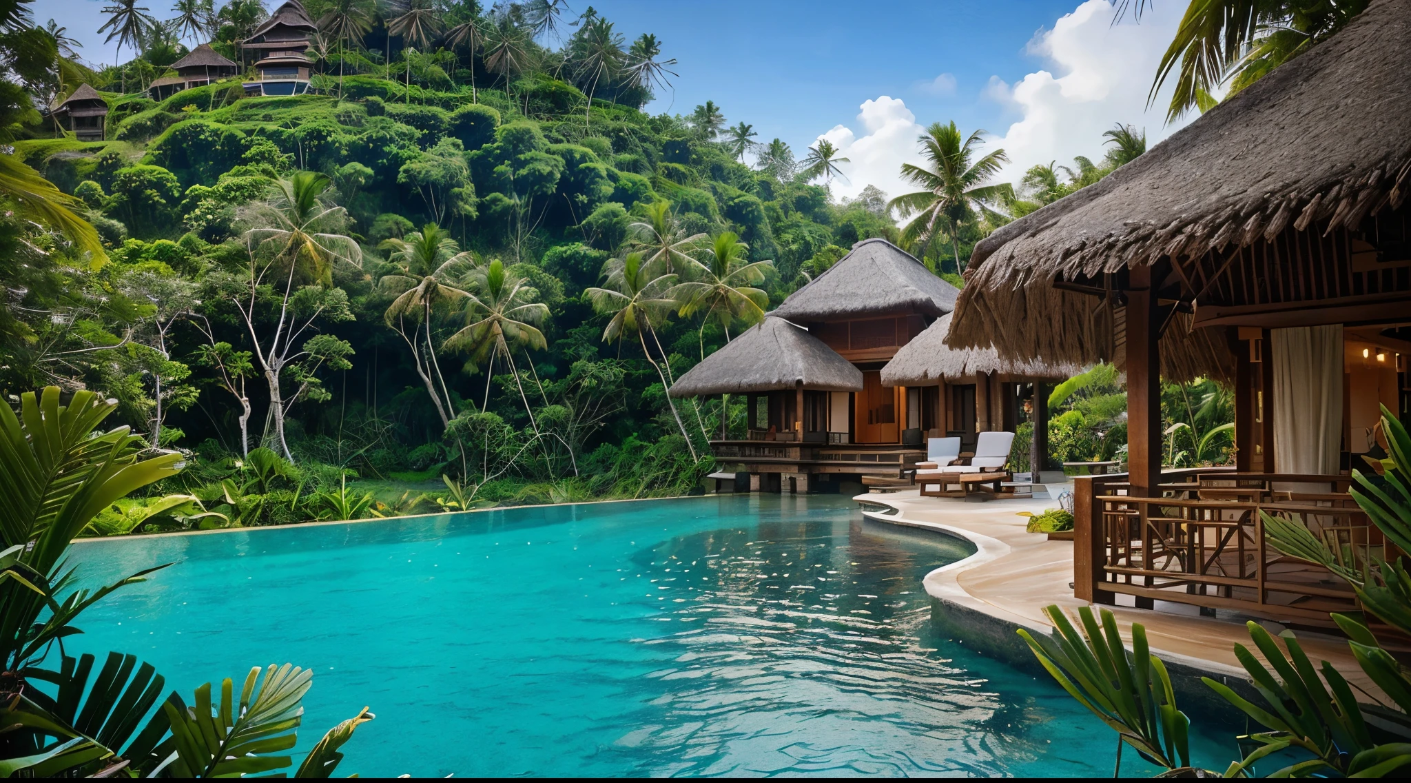 there is a 3 storey holiday resort on a small island in the middle of the ocean, Capella Ubud hotel in Bali, set amidst the rainforest and features tented accommodations and lavish outdoor bathrooms, resort, 3 storey, tropical design, amazing view, by Kurt Roesch, by Ahmed Karahisari, true realistic image, by Robert Koehler, mantra rendering, gulf, aruba, artist's impression, atlantis city, realistic depiction, a wide full shot, conceptual, screengrab, detailed screenshot,