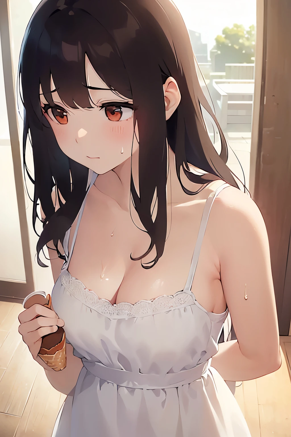 (sweat:1.2)、holding an ice cream, (looking away:1.5), A close-up of your face、Biologically correct five fingers、Cleavage、Realistic, real person, (pale skin: 1.2), RAW photo, photorealistic, shiny skin, shiny hair、(A 25-year-old woman with medium-length hair and bangs) and (wavy hair) and (brown hair) and (orange eyes) , (sundress) and (white) 、(panicking:1.2), The background is the living room、Alone、Are standing