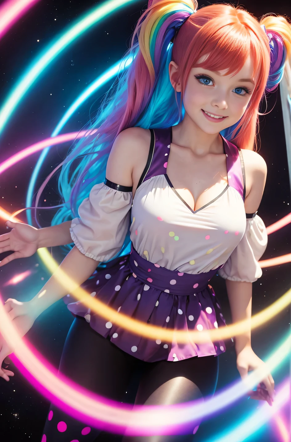 (overhead view) Cute redhead with rainbow colored hair tips, ribbons in her hair, 18-year-old woman, happy, smiling, in twin tails, perfect eyes, clear sparkling blue eyes, pale skin, silky smooth white skin, alabaster skin, flying a fancy metal luxurious space ship, futuristic cockpit, she's a pilot, outer space seen in windows, dark warm lighting, wearing a futuristic dress, low cut top, pleated (chemise) mini dress (pastel rainbow colors, and polka dots), puffy sleeves silk, wearing colorful leggings/tights.