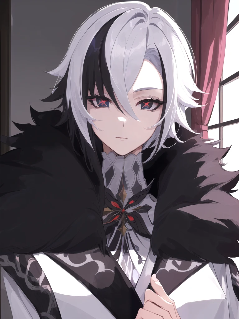 ((best quality)), ((masterpiece)), (detailed), perfect face, perfect hand, arlecchino, hair between eyes, black hair, white hair, short hair, coat, fur trim, fur-trimmed coat, (x-shaped eyes, symbol shaped eyes, cross eyes), in classroom, close up, pleasure expression