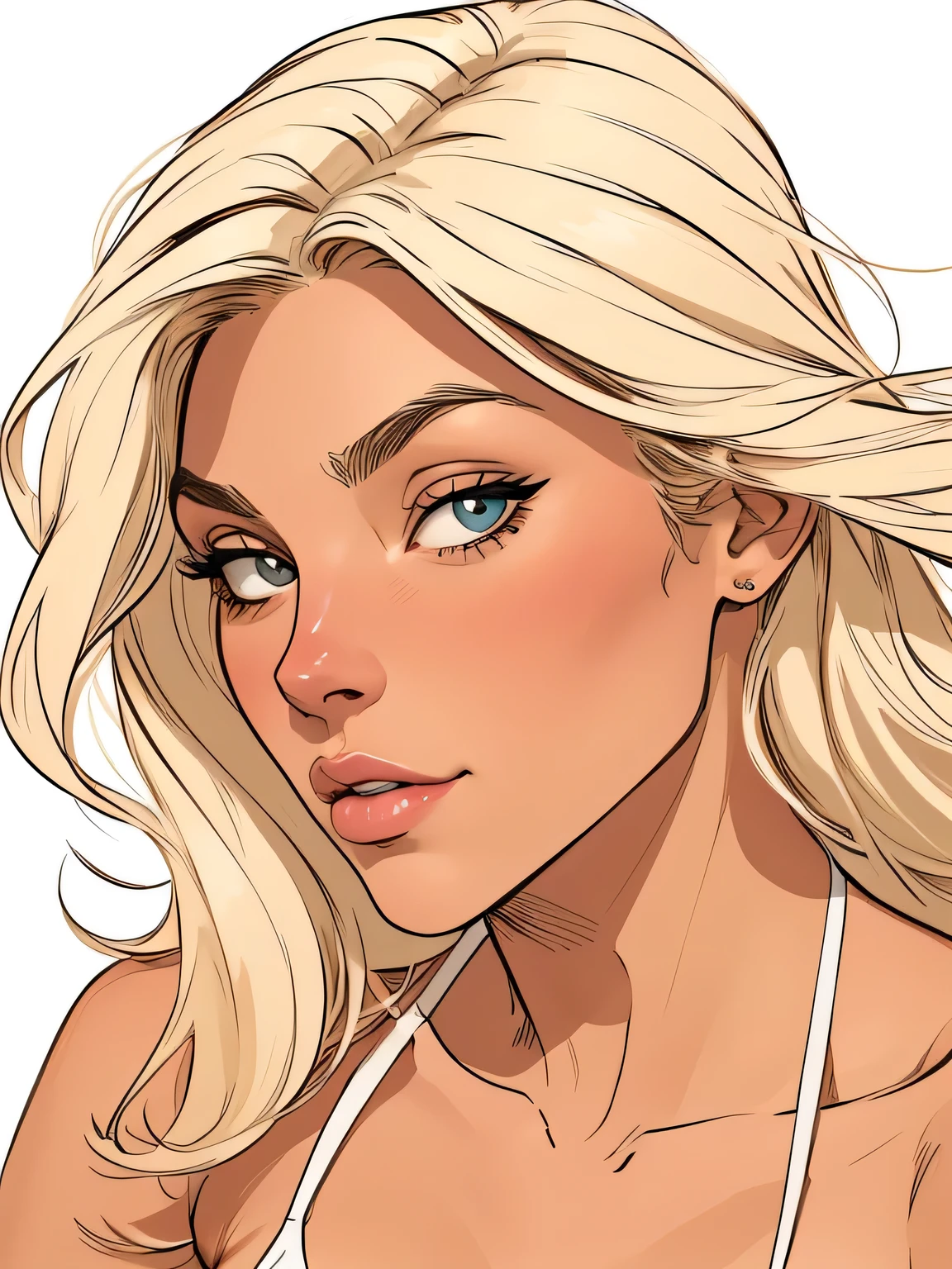 Flat colors, close up, portrait of a 25 year old surfer looking girl, tan skin, beach blonde salty hair, natural beaty, beautiful, casual, top-less, exposed small breasts,
simply white background