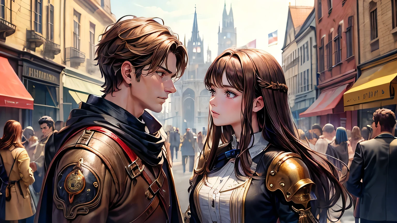 (oil, masterpiece, highest quality, Super detailed, Focus on the characters), One female,Brown Hair,Handsome man alone,steampunk,Gazing at each other,Detailed hair depiction,([return:0.8]|[ face facing returnwards:1.1]), ,([Medieval Street Scenario:1.2]|[ ground:1.3]| [High Contrast:1.1])  
