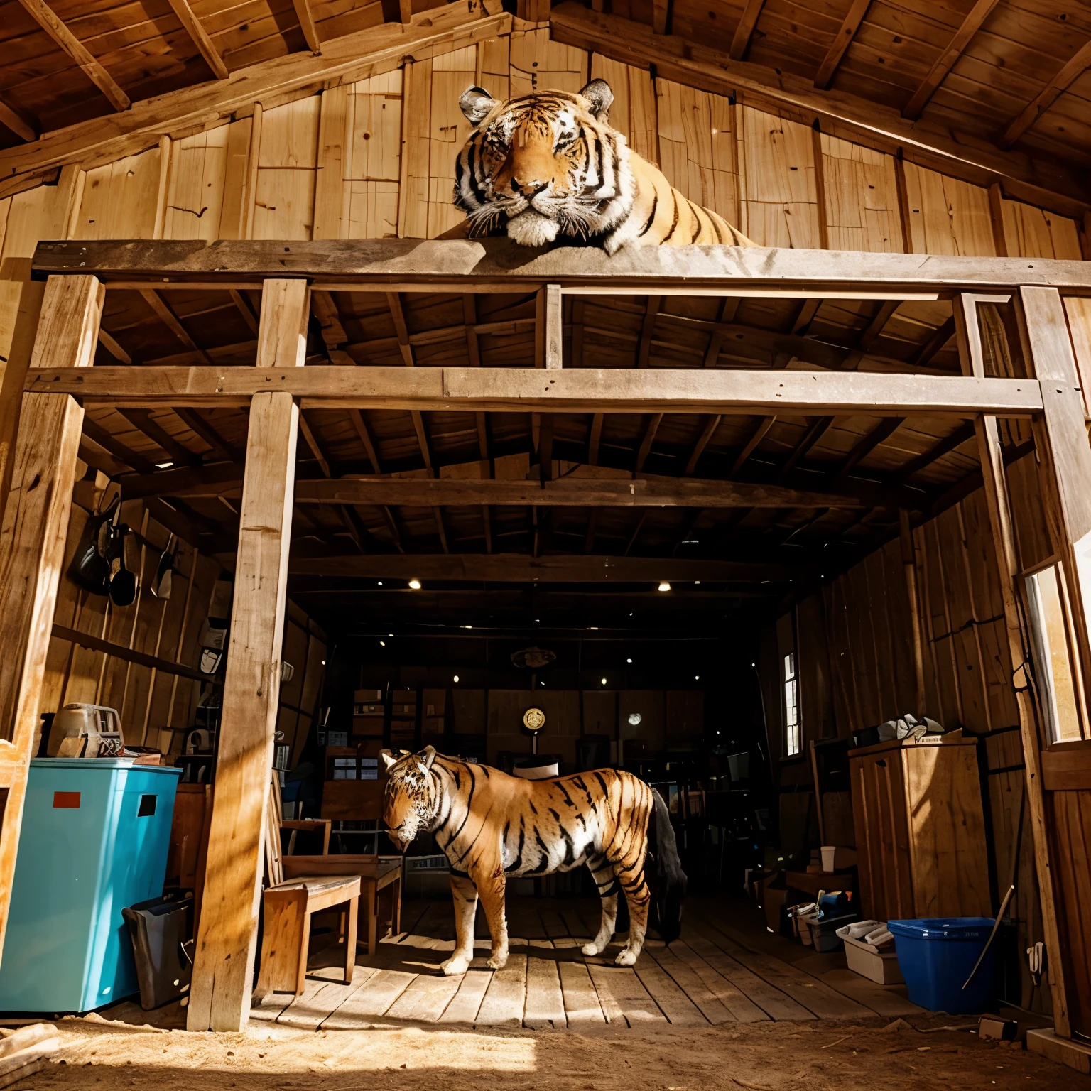 7 horses with a tiger in a shed