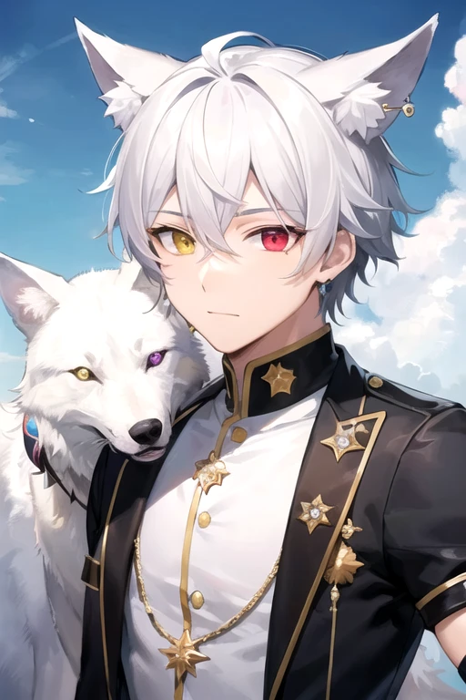 ((highest quality)), ((masterpiece)), (detailed), Perfect Face, One boy, Handsome man, 20〜30 years old, Vtuber model,2d character ((White wolf ears)),  Short Hair, Shiny skin, Line art, Silver Hair,Idol Photo,((Heterochromia,Left eye glows yellow,right eye赤く輝く,right eye赤色,Red Eyes孔,right eye:Red Eyes,Jewelry Eye,))Landscape,Blue sky background,The whole body fits on the screen,