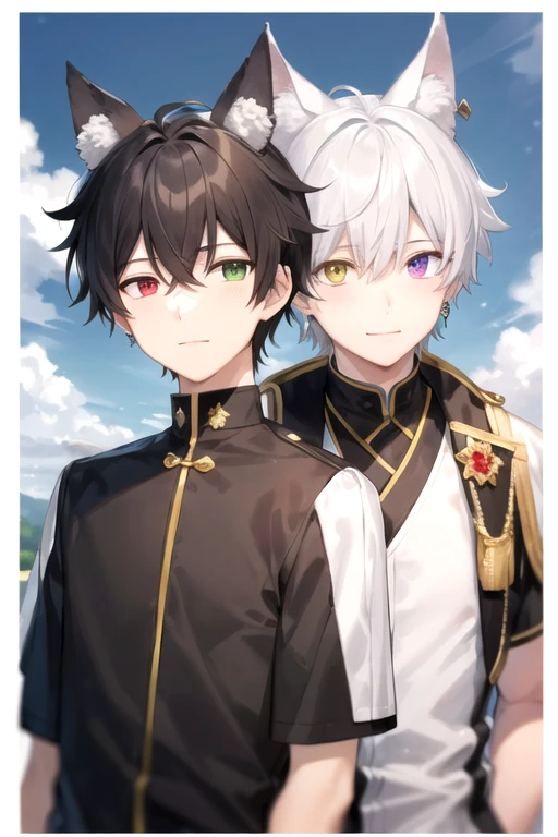 ((highest quality)), ((masterpiece)), (detailed), Perfect Face, One boy, Handsome man, 20〜30 years old, Vtuber model,2d character ((White wolf ears)), Short Hair, Shiny skin, Line art, Silver Hair,Idol Photo,((Heterochromia,Left eye glows yellow,right eye赤く輝く,right eye赤色,Red Eyes孔,right eye:Red Eyes,Jewelry Eye,))Landscape,Blue sky background,The whole body fits on the screen,