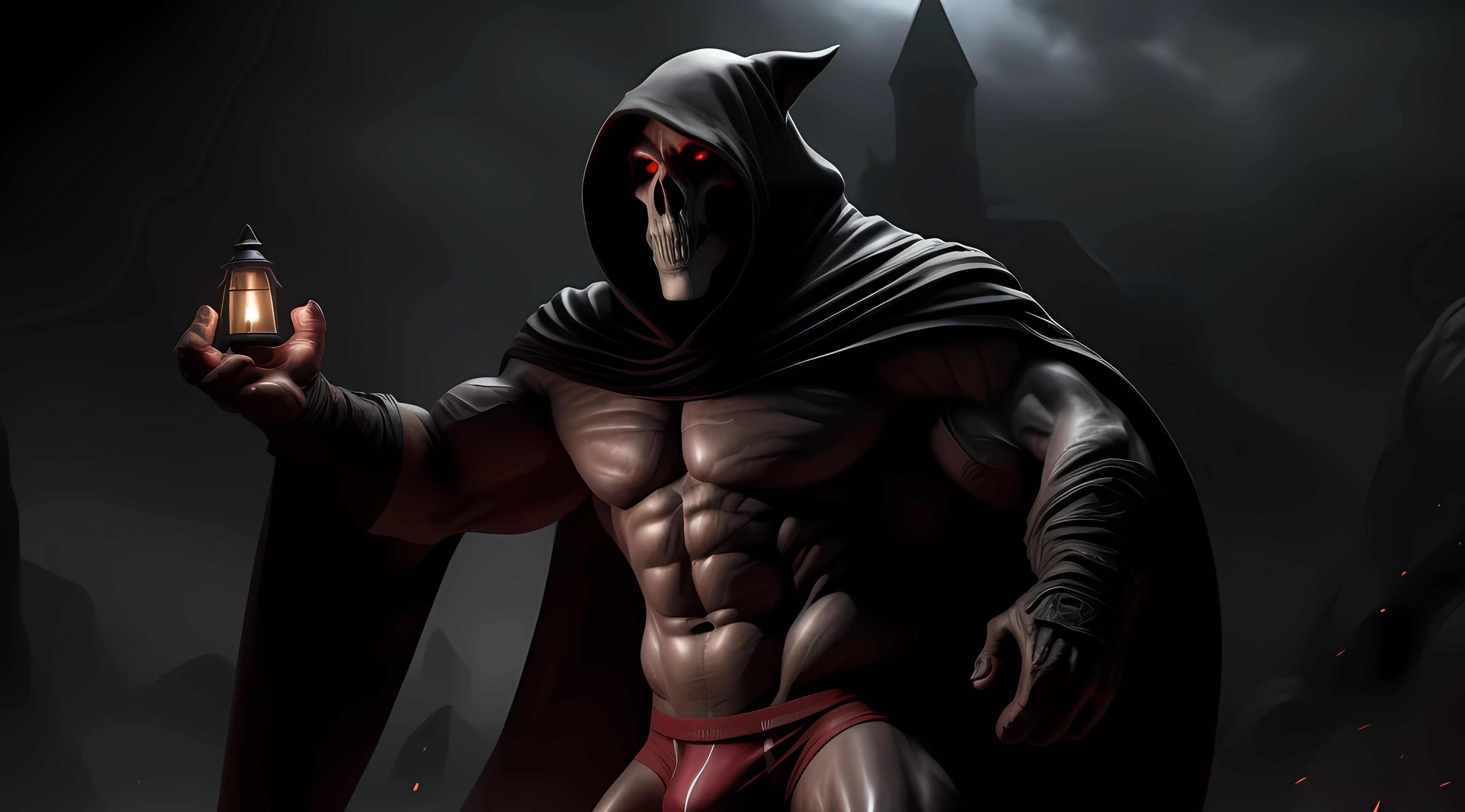 Exercised muscular grim reaper in ultra detailed briefs, full body pose, stern expression, 3D render, male solo, realistic, masterpiece, highest quality, chiseled abs and biceps, intricate details, dramatic lighting, unreal engine, trending on ArtStation, detailed textures, sharp shadows, expressive, masculine appeal, black and red attire, flowing cloak, intense gaze, realistic facial features, bold and fearless, lantern in hand, realistic muscle definition, detailed shading, moody atmosphere, peak physical condition. (By XenonArt, by DeathScape, by ReaperKing, ultra high resolution, perfect anatomy, highly detailed picture)