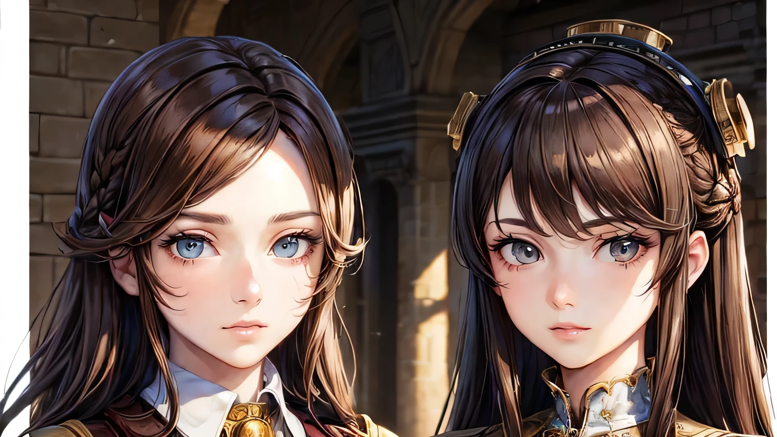 (oil, masterpiece, highest quality, Super detailed, Focus on the characters), One female,Brown Hair,Handsome man alone,steampunk,Gazing at each other,Detailed hair depiction,([return:0.8]|[ face facing returnwards:1.1]), ,([Medieval Street Scenario:1.2]|[ ground:1.3]| [High Contrast:1.1])  