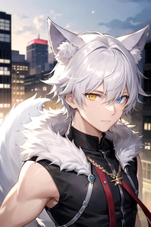 ((highest quality)), ((masterpiece)), (detailed), Perfect Face, One boy, Handsome man, 20〜30 years old, Vtuber model,2d character ((White wolf ears)), Short Hair, Shiny skin, Line art, Silver Hair,Idol Photo,((Heterochromia,Left eye glows yellow,Right eye glows red,Right eye red pupil,Jewelry Eye,))Landscape,City Background,The whole body fits on the screen,