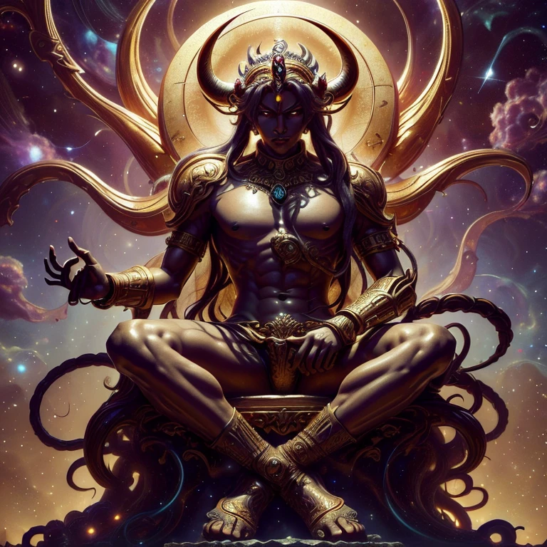 arafed statue of a man sitting in a golden throne surrounded by other people, detailed digital anime art, goddess. extremely high detail, intricate ornate anime cgi style, 8k high quality detailed art, fit male demon with white horns, artstation masterpiece, 2. 5 d cgi anime fantasy artwork, baroque vaporwave statue, high detailed official artwork