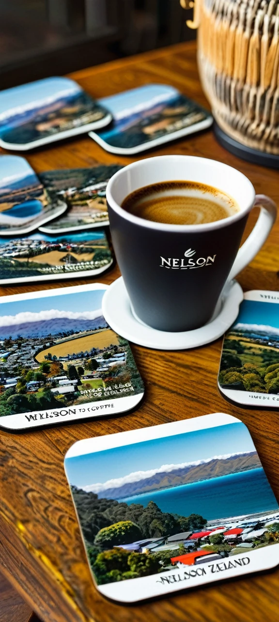 Set of coffee coasters on table, "Welcome to Nelson", picture of Nelson New Zealand, photorealistic 