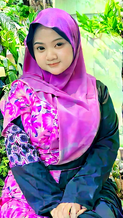 a malay hijab girl in a fuchsia hijab and a black gamis with abstract printed of pink and purple flowers, chubby, detailed detail, ultra sharp image,
