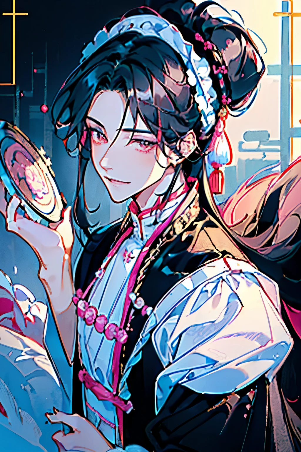 ((A young man about 18 years old)),(Black Hair:1.3),(Long Hair:1.3),(Royal costume like that of a Chinese prince:1.5),(Fluffy maid outfit:1.6),(Pink and white and yellow and light blue),((Hair tied up:1.2)),((A waiter is holding a tray in his hands:1.25)),(smile:1.25)