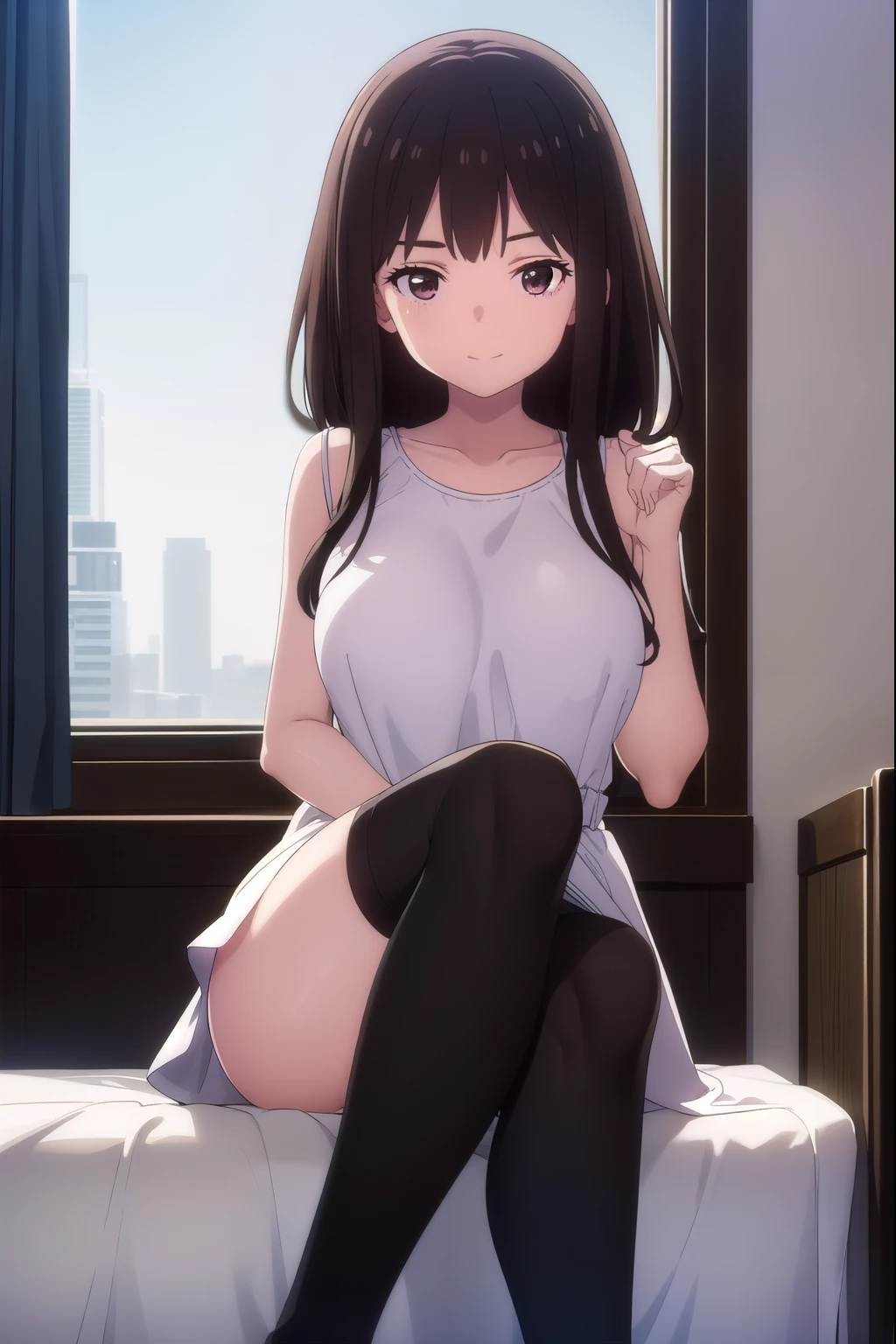 check_9,check_8_up,check_7_up,Best quality,masterpiece,4k,uncensored,lighting prefect,rating_obvious,very aesthetic,аниме BREAK 1, Brown hair,Amiya,Amiya \(polar nights\),black tights,Sitting on the bed,bedroom,Sunlight from the window,front to viewer,I look at the viewer,Shy,covering face,medium breasts in bra,legs focus,blush all over the face,foot fetishism,Open your eyes,sleepwear dress,crossed legs, foot fetish, dynamic pose, Feet without shoes, black tights, Full body view from head to toe, excited smile