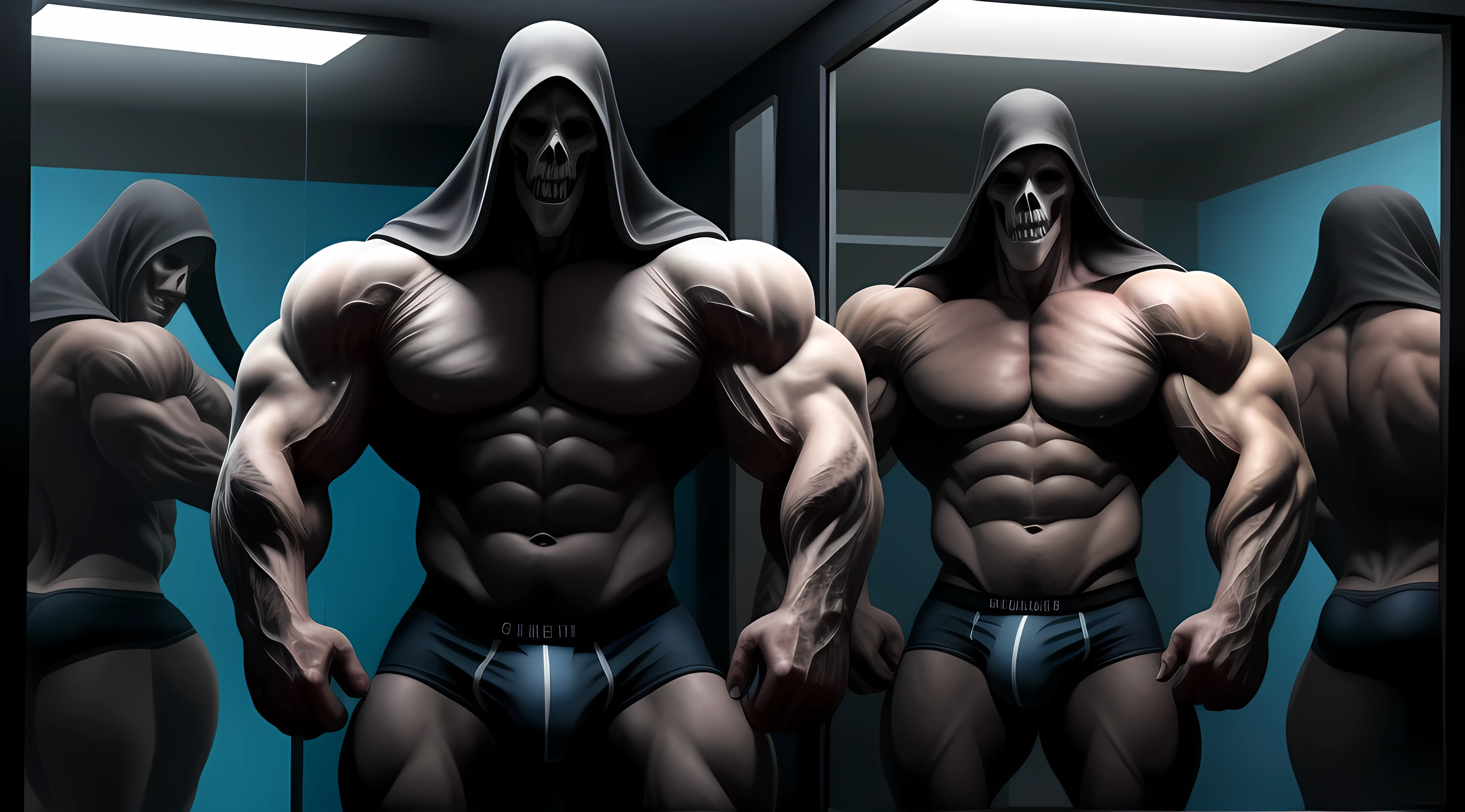Here's a description for an exercised muscular grim reaper in ultra detailed briefs:
One figure of an exercised grim reaper stands proudly in front of a mirror, his ultramodern gym equipment reflecting off the polished surface behind him. His muscular form is on full display, every vein and muscle fiber accentuated by the bright gym lights. He wears only a pair of ultra detailed briefs that hug his toned figure tightly, revealing his sculpted abs, thick thighs, and bulging biceps. The briefs are a deep, rich black, contrasting sharply against his pale, deathly skin. His face is contorted into a fierce grimace as he