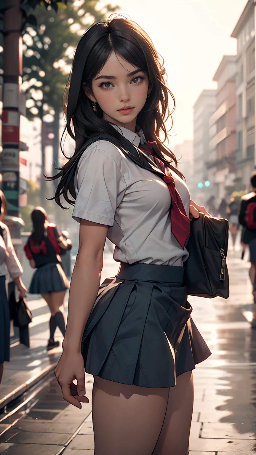 18-year-old female, Long Hair, RAW Photos, Bokeh (realism: 1.4, Realistic), High-definition CG integrated 8K wallpaper, One girl, ((The body is slim: 1)), (Small breastss: 1), Back to viewers, ((Direct view from the front)), (high qualityスキン: 1.4), 8K Ultra HD, Digital SLR, Soft Light, high quality, Film Grain, Fujifilm XT3, ((school uniform, Short skirt,The open skirt is visible through:1.5)), ((Outdoor, at the park))) Janju, Portraiture,((Layered Short Haircut, Black Hire,Small breasts:1.2)),(View your viewers:1.4),(whole body:1.8)