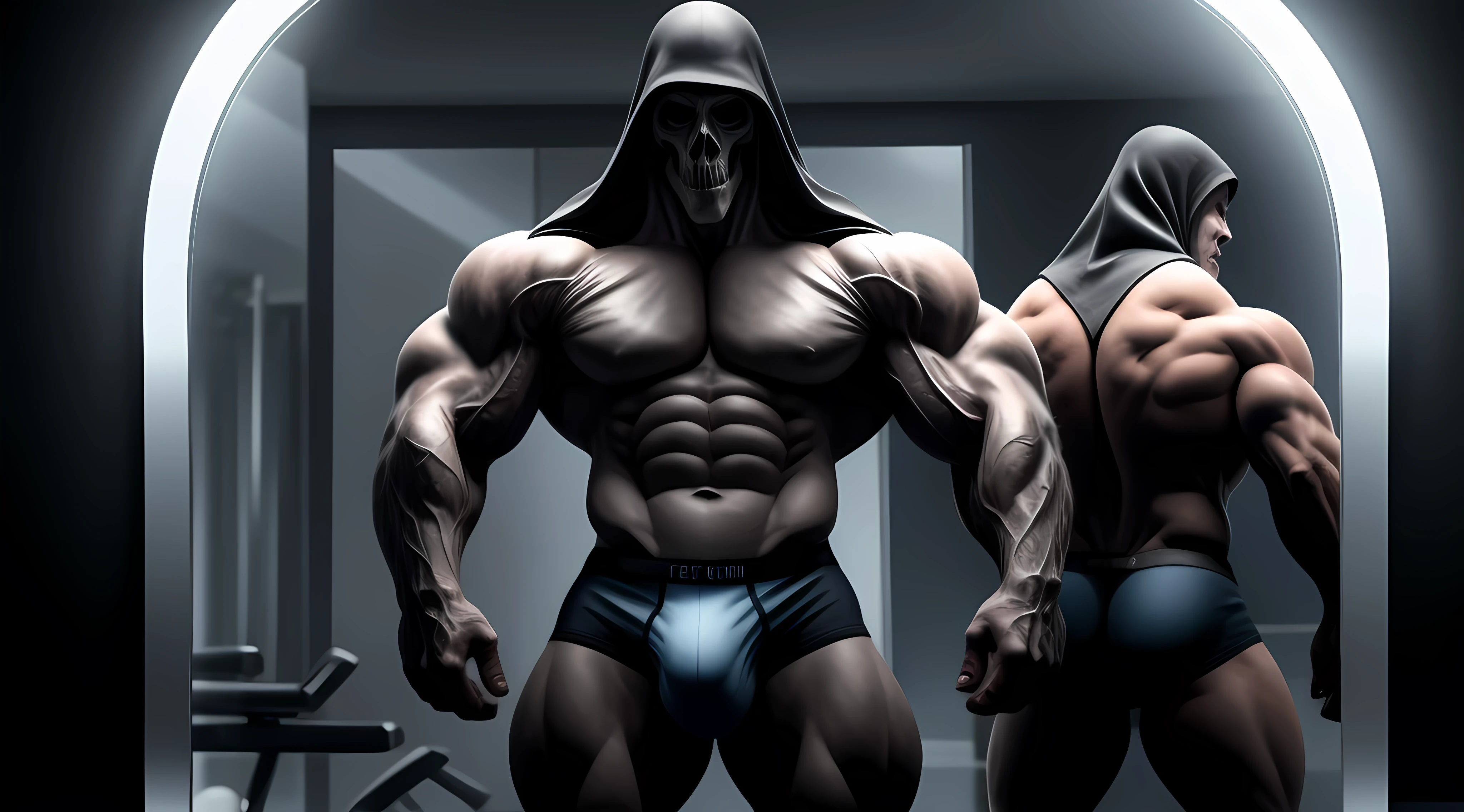 Here's a description for an exercised muscular grim reaper in ultra detailed briefs:

One figure of an exercised grim reaper stands proudly in front of a mirror, his ultramodern gym equipment reflecting off the polished surface behind him. His muscular form is on full display, every vein and muscle fiber accentuated by the bright gym lights. He wears only a pair of ultra detailed briefs that hug his toned figure tightly, revealing his sculpted abs, thick thighs, and bulging biceps. The briefs are a deep, rich black, contrasting sharply against his pale, deathly skin. His face is contorted into a fierce grimace as he