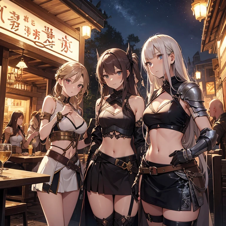 A group of female medieval fantasy adventurers, (in tavern), various hair styles, harem, night, details face, short skirt, seducing, sleeveless, armor, midriff, bald