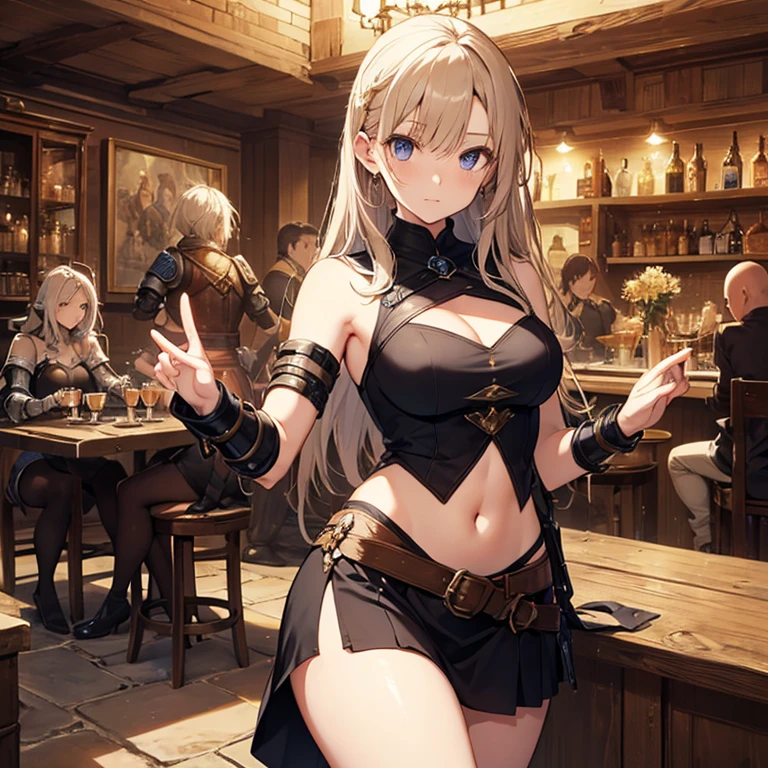 A group of female medieval fantasy adventurers, (in tavern), various hair styles, harem, night, details face, short skirt, seducing, sleeveless, armor, midriff, bald
