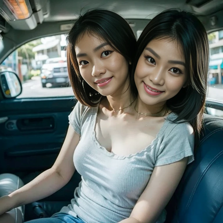 best resolution, half-body shot, 2heads, filipina woman with two heads,casual clothes, driving filipino jeepney
