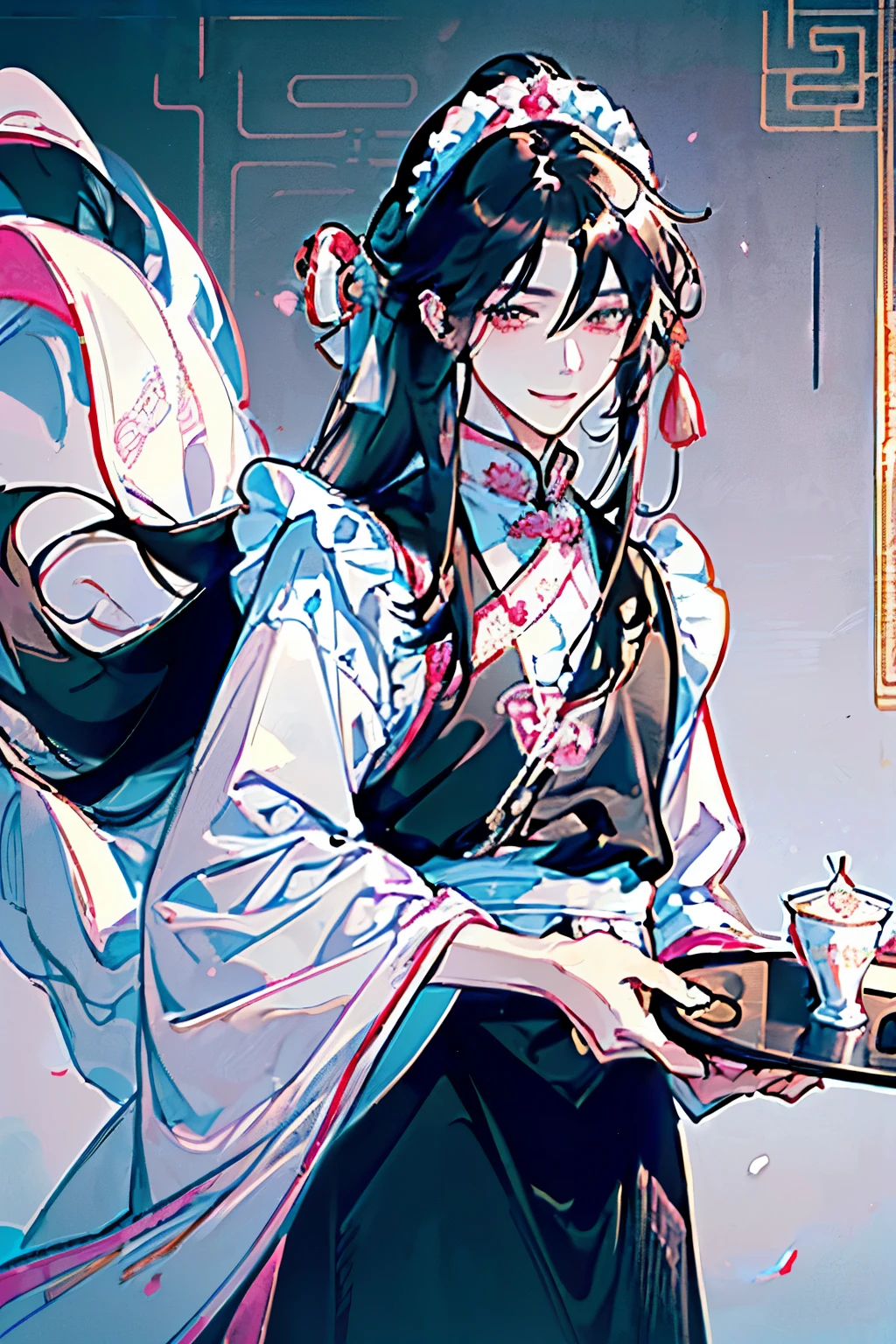 ((A young man about 18 years old)),(Black Hair:1.3),(Long Hair:1.3),(Royal costume like that of a Chinese prince:1.5),(Fluffy maid outfit:1.6),(Pink and white and yellow and light blue),((Hair tied up:1.2)),((A waiter is holding a tray in his hands:1.25)),(smile:1.25)