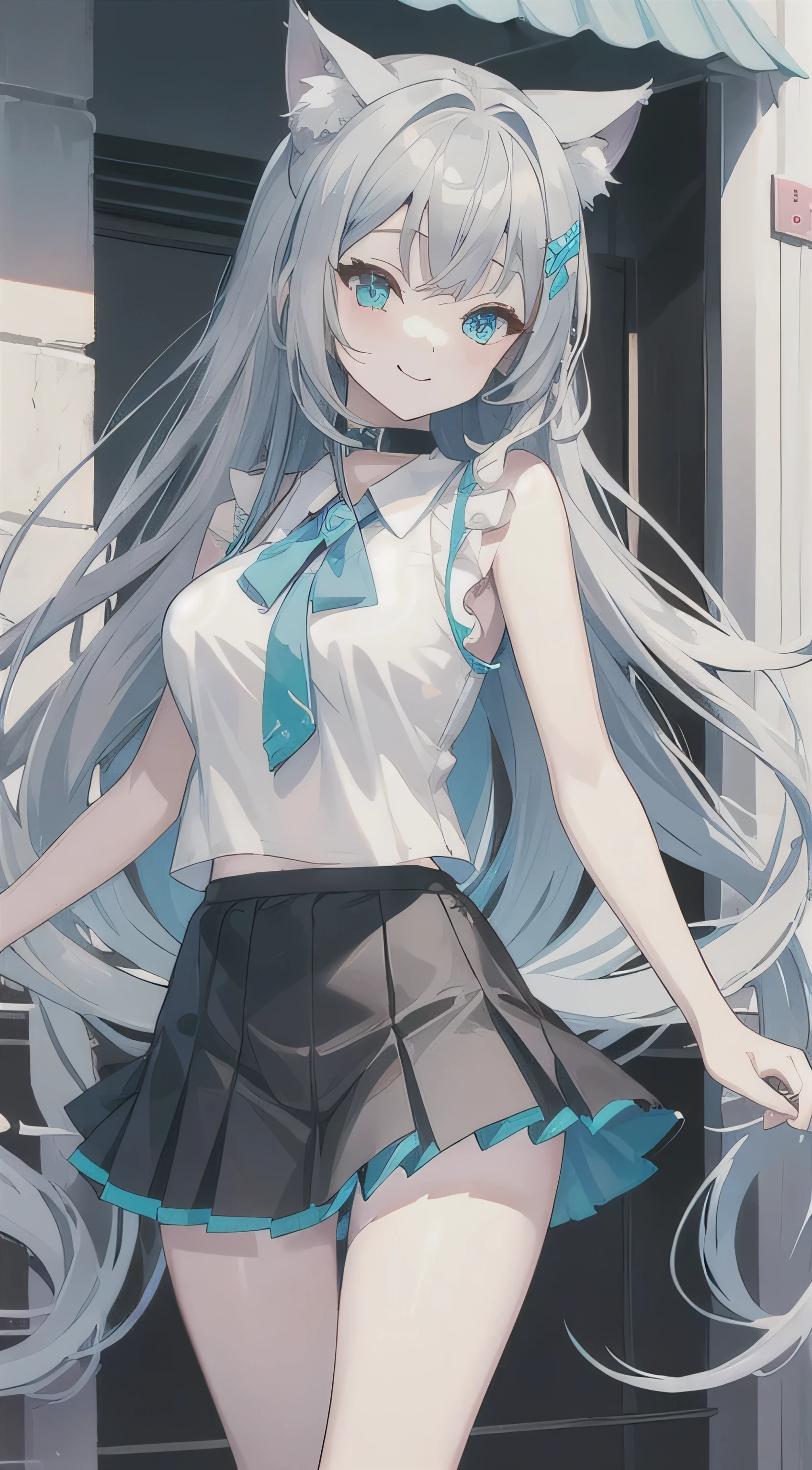 Young girl, long gray hair, turquoise eyes, cat ears, smile, fantasy sleeveless shirt, skirt, masterpiece, High Quality Swimwear、Constraints、Ahegao、Completely naked、Big Breasts、Constraints、rape