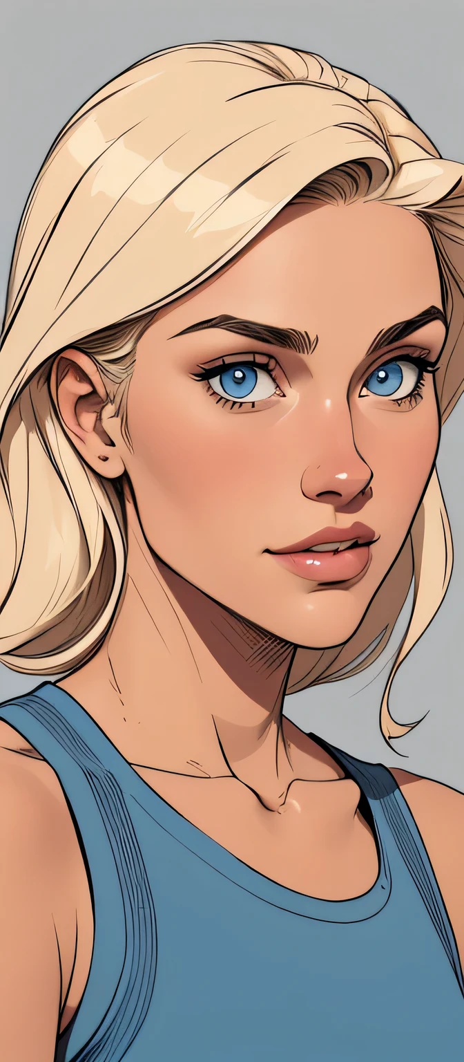 
Flat colors,close-up, portrait,  of a 25 year old surfer looking girl, tan skin, ([blue eyes]) Beach blonde salty hair, natural beaty, beautiful, casual, blue tank top, masterpiece, (([Simple grey background]))


