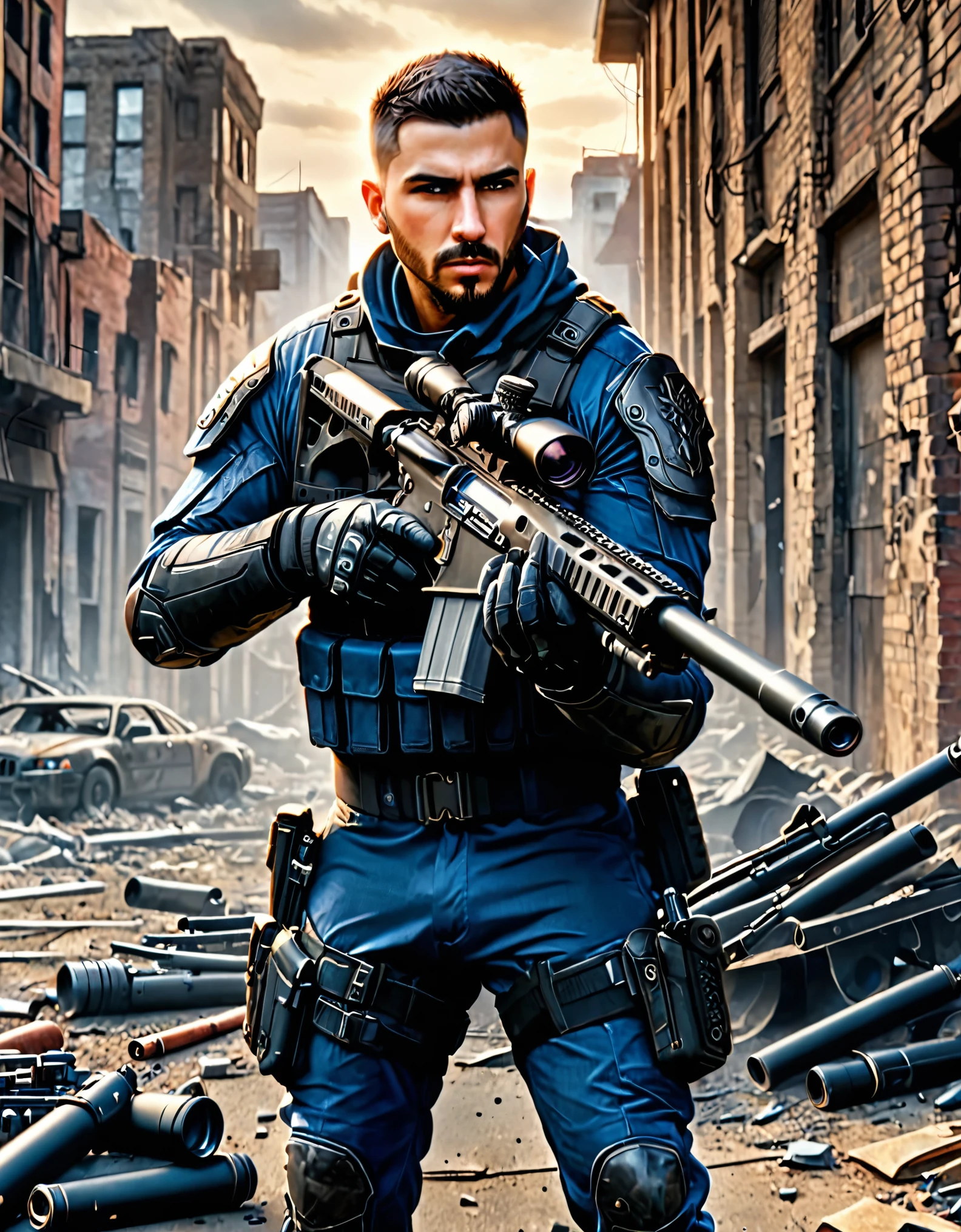 masterpiece, best quality, highres, 1man, male focus, solo, solo focus. hispanic, dark brown hair, short hair, crew cut, spiky hair, dark hazel eyes, facial hair, sleeves rolled up, tattoo. us soldier, jet black uniform, gloves, gun, handgun, holding gun, holding weapon, holster, holstered weapon, load bearing vest, pistol, thigh holster, (gunmetal blue rifle, sniper rifle, scope, suppressor). trigger discipline, weapon. city ruins, daytime, backdrop, gritty atmosphere.