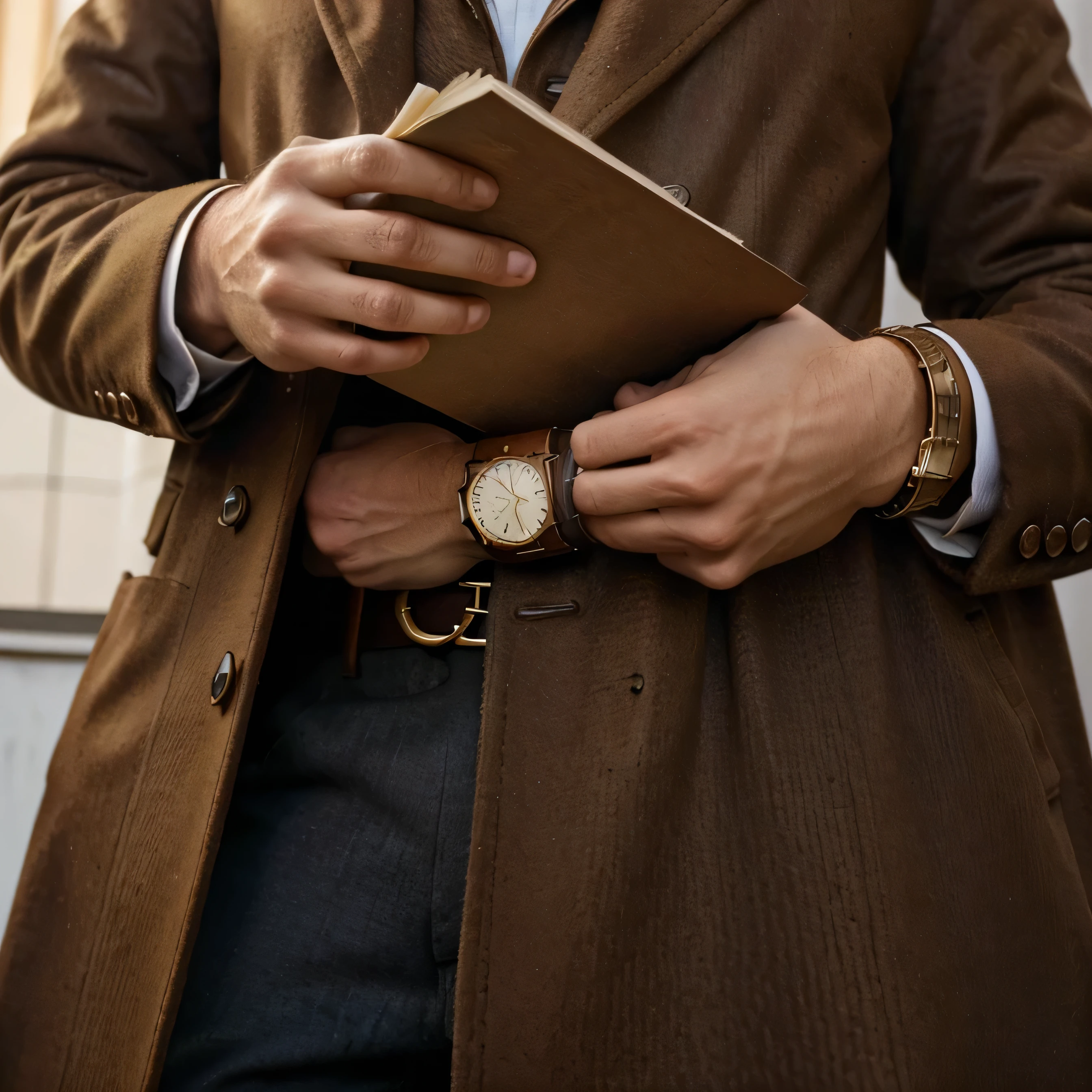 "A close-up shot captures the hands of a man in a brown vintage coat flipping through the pages of a book. His wrists adorned with a watch and gold accessories add a touch of sophistication to the vintage scene. The focus is solely on the hands and the book, immersing the viewer in a nostalgic atmosphere."