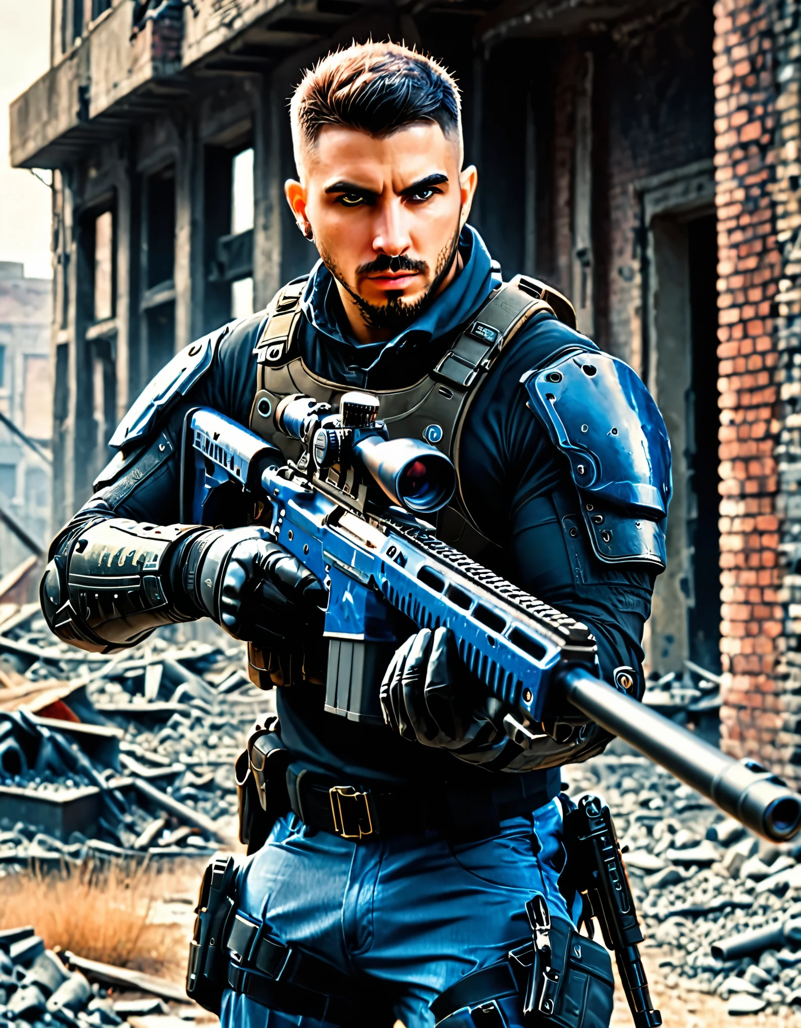masterpiece, best quality, highres, 1man, male focus, solo, solo focus. hispanic, dark brown hair, short hair, crew cut, spiky hair, dark hazel eyes, facial hair, sleeves rolled up, tattoo. us soldier, jet black uniform, gloves, gun, handgun, holding gun, holding weapon, holster, holstered weapon, load bearing vest, pistol, thigh holster, (gunmetal blue rifle, sniper rifle, scope, suppressor). trigger discipline, weapon. city ruins, daytime, backdrop, gritty atmosphere.
