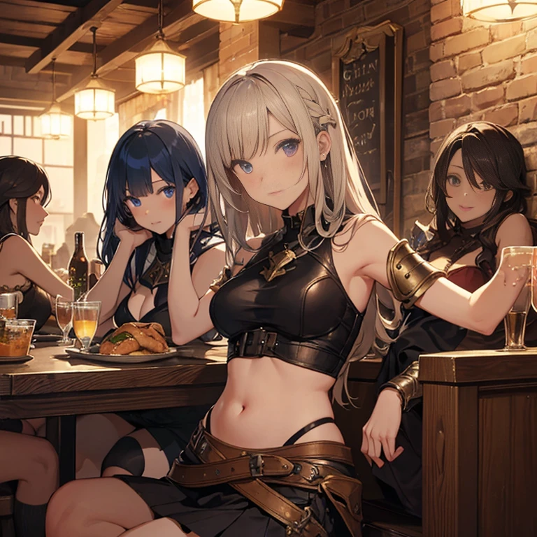 A group of  female medieval fantasy adventurers, (in tavern), various hair styles, harem, night, details face, short skirt, seducing, sleeveless, armor 