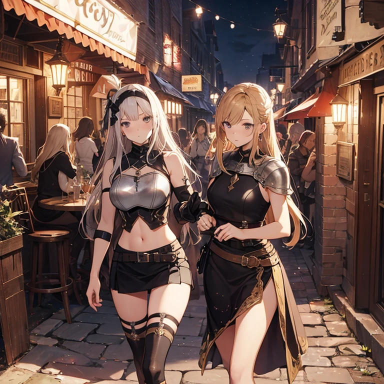 A group of female adventurers set in a medieval fantasy world, (At the pub), Mr.々Hair style, Harem, night, Detailed aspect, Short skirt, Seduce, No sleeve, armor 、showing off panties、Huge Breasts、Big Ass、wide waist width、Pulling up her skirt
