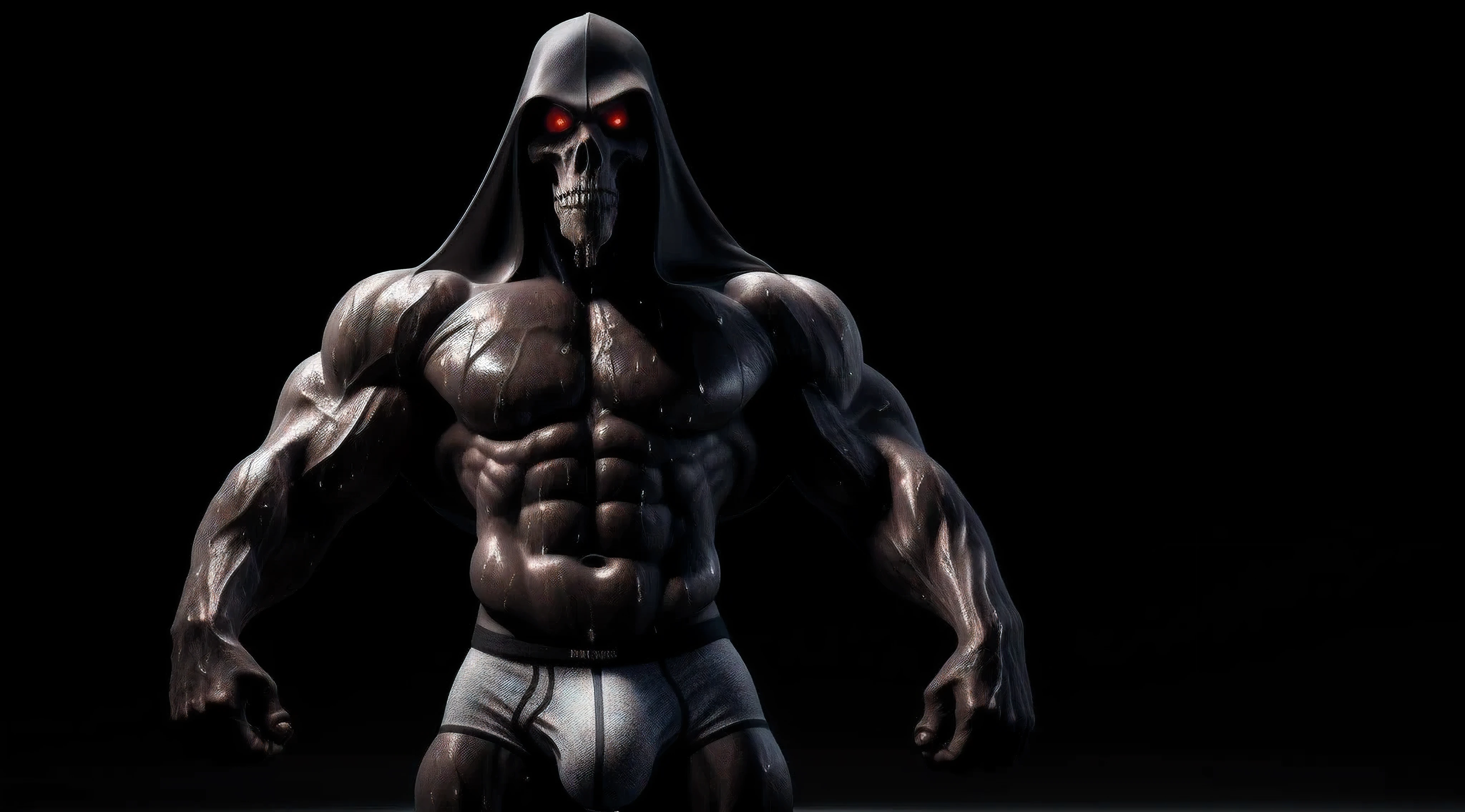 Exercised muscular grim reaper in ultra detailed briefs, 3D render, male solo, full body, realism, realistic, dramatic, high definition, muscular figure, toned physique, dark equalizer, intricate details, expressive face, stern expression, red eyes, dripping sweat, black background, gritty textures, children's nightmare, masterpiece, by ShadowReaperX, by PixelGrinder, by DetailedDeath.
The exercised muscular grim reaper stands alone in the dark, his body glistening with sweat as he pushes himself to new limits. His ultra detailed briefs cling to every muscle, highlighting his toned physique