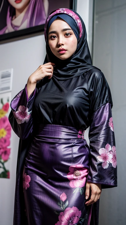 a malay hijab girl in a fuchsia hijab and a black gamis with abstract printed of pink and purple flowers, chubby, real skin texture, detailed detail, ultra sharp image,