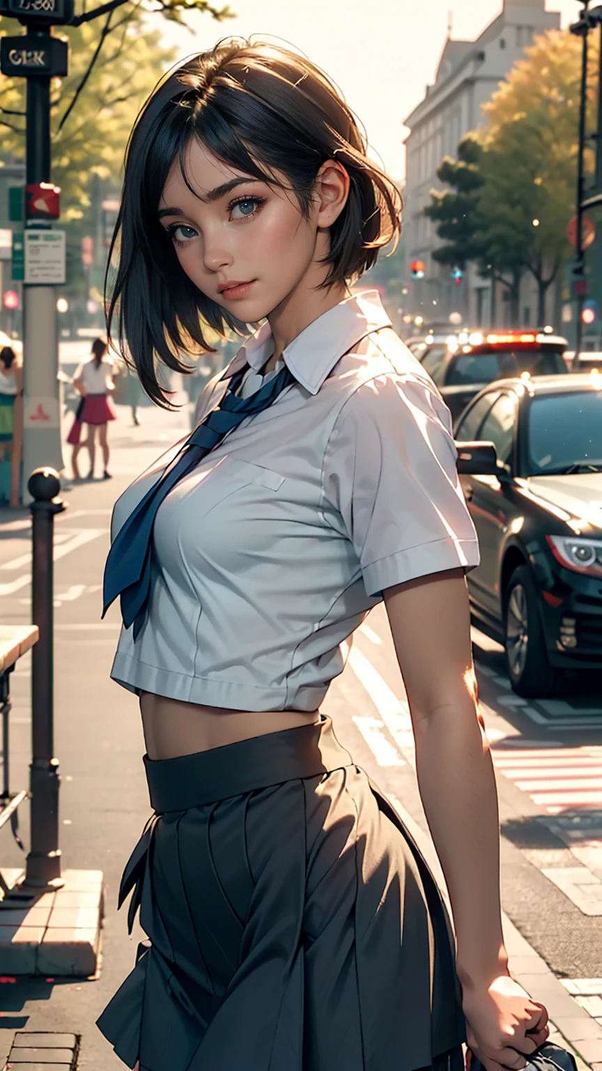 18-year-old female, Long Hair, RAW Photos, Bokeh (realism: 1.4, Realistic), High-definition CG integrated 8K wallpaper, One girl, ((The body is slim: 1)), (Small breastss: 1), Back to viewers, ((Direct view from the front)), (high qualityスキン: 1.4), 8K Ultra HD, Digital SLR, Soft Light, high quality, Film Grain, Fujifilm XT3, ((school uniform, Short skirt,The open skirt is visible through:1.5)), ((Outdoor, at the park))) Janju, Portraiture,((Layered Short Haircut, Black Hire,Small breasts:1.2)),(View your viewers:1.4),(whole body:1.8)
