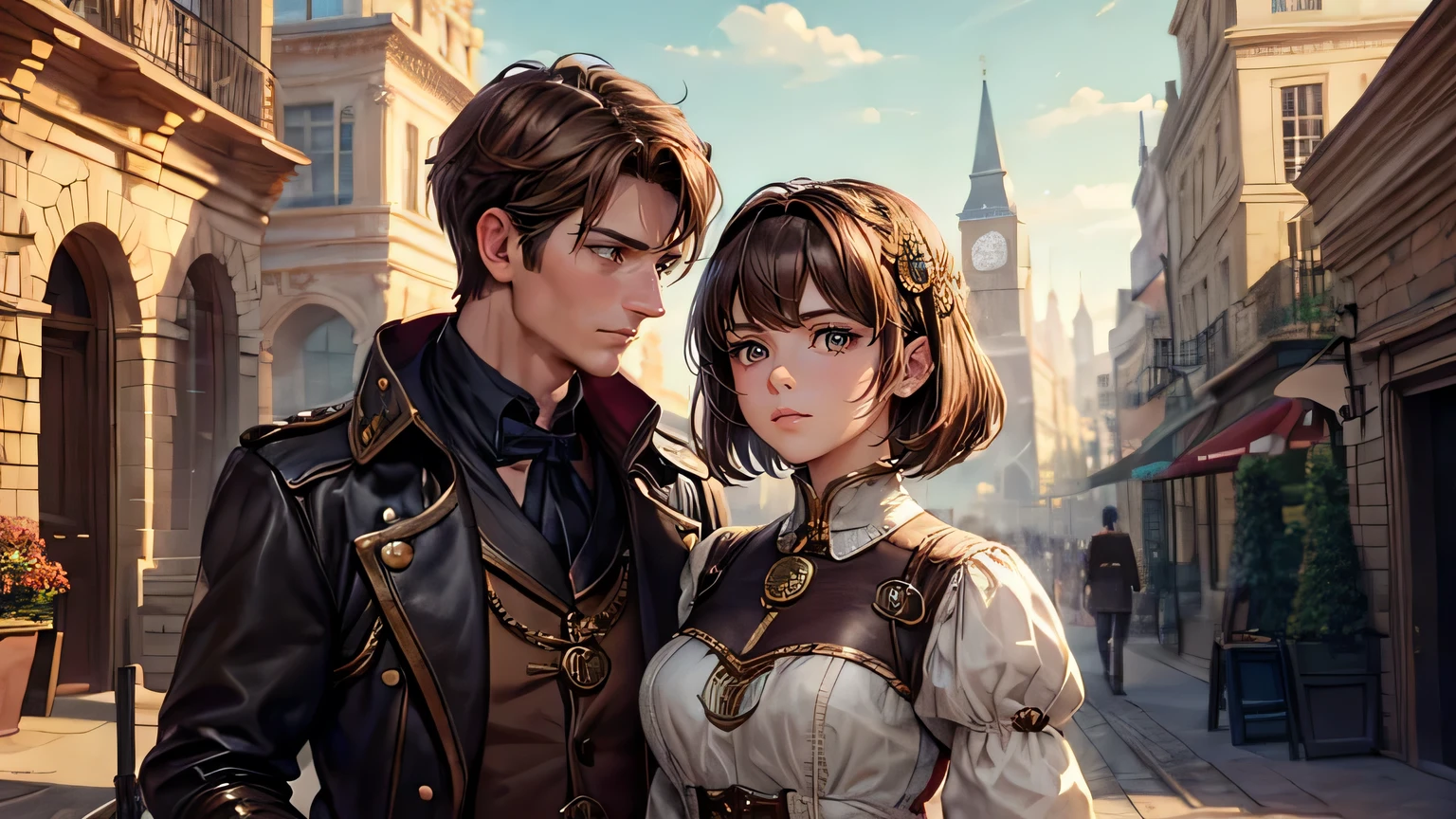 (oil, masterpiece, highest quality, Super detailed, Focus on the characters), One female,Brown Hair,Short Hair,Handsome man alone,steampunk,Gazing at each other,Detailed hair depiction,([return:0.8]|[ face facing returnwards:1.1]), ,([Medieval Street Scenario:1.2]|[ ground:1.3]| [High Contrast:1.1])  