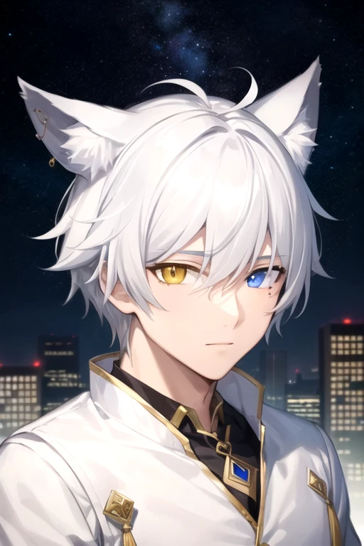 ((highest quality)), ((masterpiece)), (detailed), Perfect Face, One boy, Handsome man, 20〜30 years old, Adult Male,Vtuber model,2d character ((White wolf ears)), Short Hair, Shiny skin, Line art, Silver Hair,Idol Photo,((Heterochromia,Left eye glows yellow,right eye赤く輝く,right eye:Red pupil,Jewelry Eye,))Landscape,City Background,The whole body fits on the screen,Only 1 person