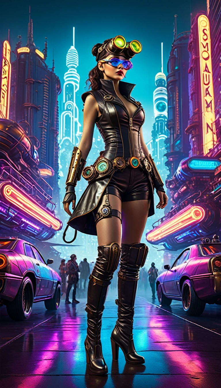 A girl in an atompunk city, wearing a futuristic outfit, with glowing neon lights reflecting on her metallic, high-tech goggles and visor. She is holding a vintage raygun in her hand and standing in front of a retro-futuristic vehicle. The cityscape is filled with towering skyscrapers adorned with art deco designs, and floating advertisements showcasing advanced technology. The streets are bustling with people wearing steampunk-inspired clothing, and there are airships soaring through the sky. The overall scene is bathed in a vibrant color palette, with a mix of cool blues and purples contrasting with the warm hues of the neon lights. The lighting is dramatic and dynamic, casting long shadows and emphasizing the futuristic elements in the scene. The image quality is (best quality, ultra-detailed, realistic:1.37), with sharp focus and vivid colors. The art style is a combination of steampunk and cyberpunk, with intricate details and a sense of technological advancement.