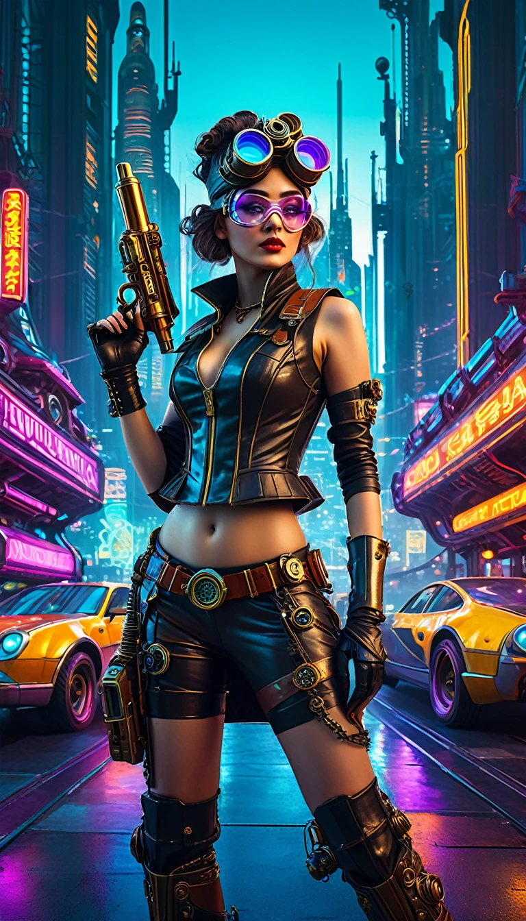 A girl in an atompunk city, wearing a futuristic outfit, with glowing neon lights reflecting on her metallic, high-tech goggles and visor. She is holding a vintage raygun in her hand and standing in front of a retro-futuristic vehicle. The cityscape is filled with towering skyscrapers adorned with art deco designs, and floating advertisements showcasing advanced technology. The streets are bustling with people wearing steampunk-inspired clothing, and there are airships soaring through the sky. The overall scene is bathed in a vibrant color palette, with a mix of cool blues and purples contrasting with the warm hues of the neon lights. The lighting is dramatic and dynamic, casting long shadows and emphasizing the futuristic elements in the scene. The image quality is (best quality, ultra-detailed, realistic:1.37), with sharp focus and vivid colors. The art style is a combination of steampunk and cyberpunk, with intricate details and a sense of technological advancement.