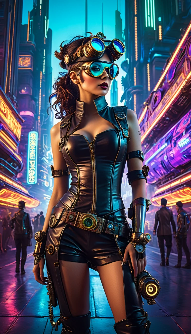 A girl in an atompunk city, wearing a futuristic outfit, with glowing neon lights reflecting on her metallic, high-tech goggles and visor. She is holding a vintage raygun in her hand and standing in front of a retro-futuristic vehicle. The cityscape is filled with towering skyscrapers adorned with art deco designs, and floating advertisements showcasing advanced technology. The streets are bustling with people wearing steampunk-inspired clothing, and there are airships soaring through the sky. The overall scene is bathed in a vibrant color palette, with a mix of cool blues and purples contrasting with the warm hues of the neon lights. The lighting is dramatic and dynamic, casting long shadows and emphasizing the futuristic elements in the scene. The image quality is (best quality, ultra-detailed, realistic:1.37), with sharp focus and vivid colors. The art style is a combination of steampunk and cyberpunk, with intricate details and a sense of technological advancement.