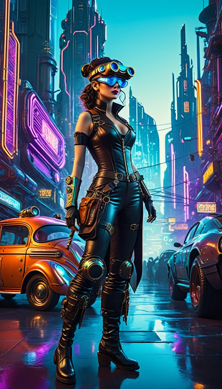 A girl in an atompunk city, wearing a futuristic outfit, with glowing neon lights reflecting on her metallic, high-tech goggles and visor. She is holding a vintage raygun in her hand and standing in front of a retro-futuristic vehicle. The cityscape is filled with towering skyscrapers adorned with art deco designs, and floating advertisements showcasing advanced technology. The streets are bustling with people wearing steampunk-inspired clothing, and there are airships soaring through the sky. The overall scene is bathed in a vibrant color palette, with a mix of cool blues and purples contrasting with the warm hues of the neon lights. The lighting is dramatic and dynamic, casting long shadows and emphasizing the futuristic elements in the scene. The image quality is (best quality, ultra-detailed, realistic:1.37), with sharp focus and vivid colors. The art style is a combination of steampunk and cyberpunk, with intricate details and a sense of technological advancement.